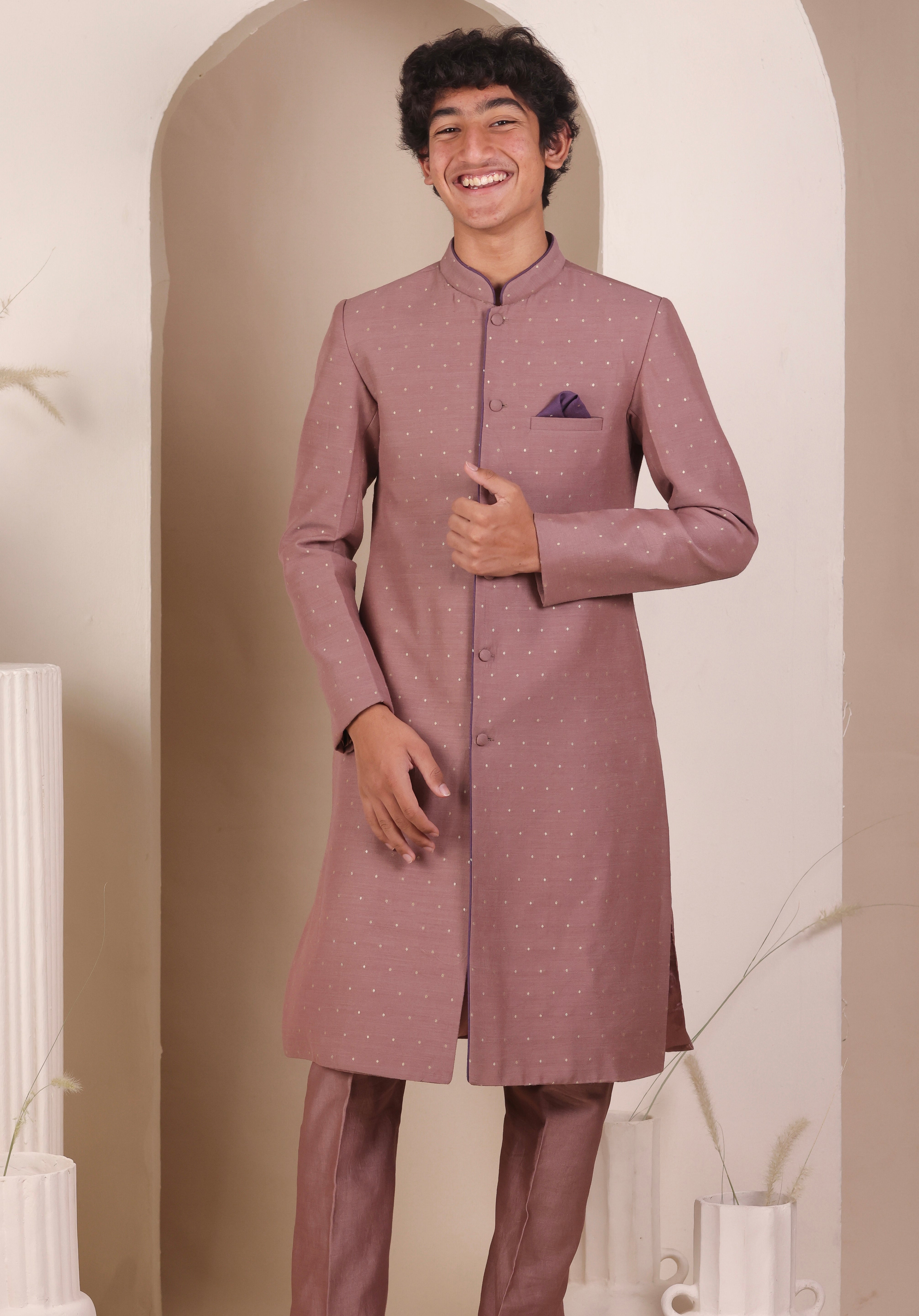 Old Rose Moonga Achkan Set