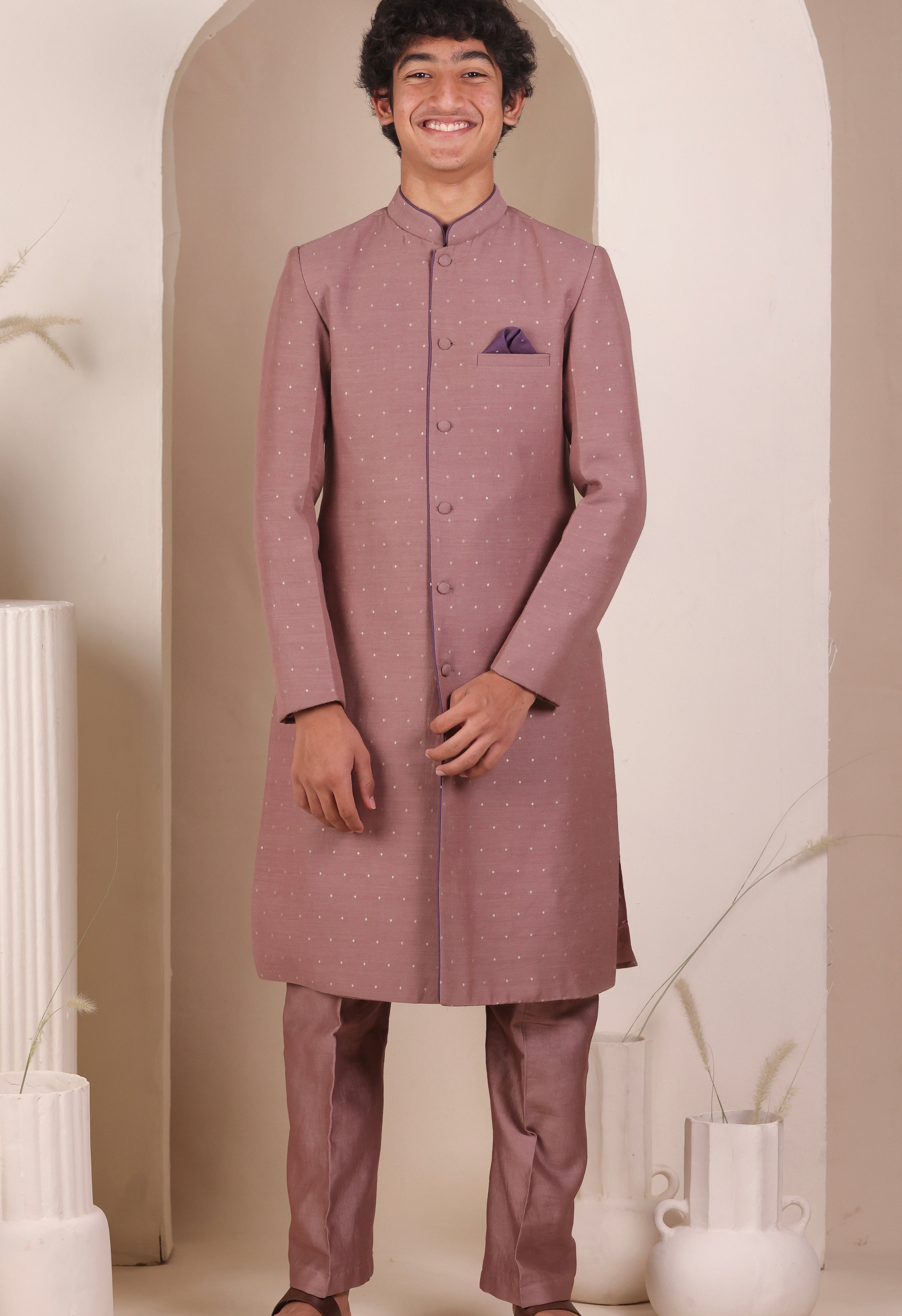 Old Rose Moonga Achkan Set