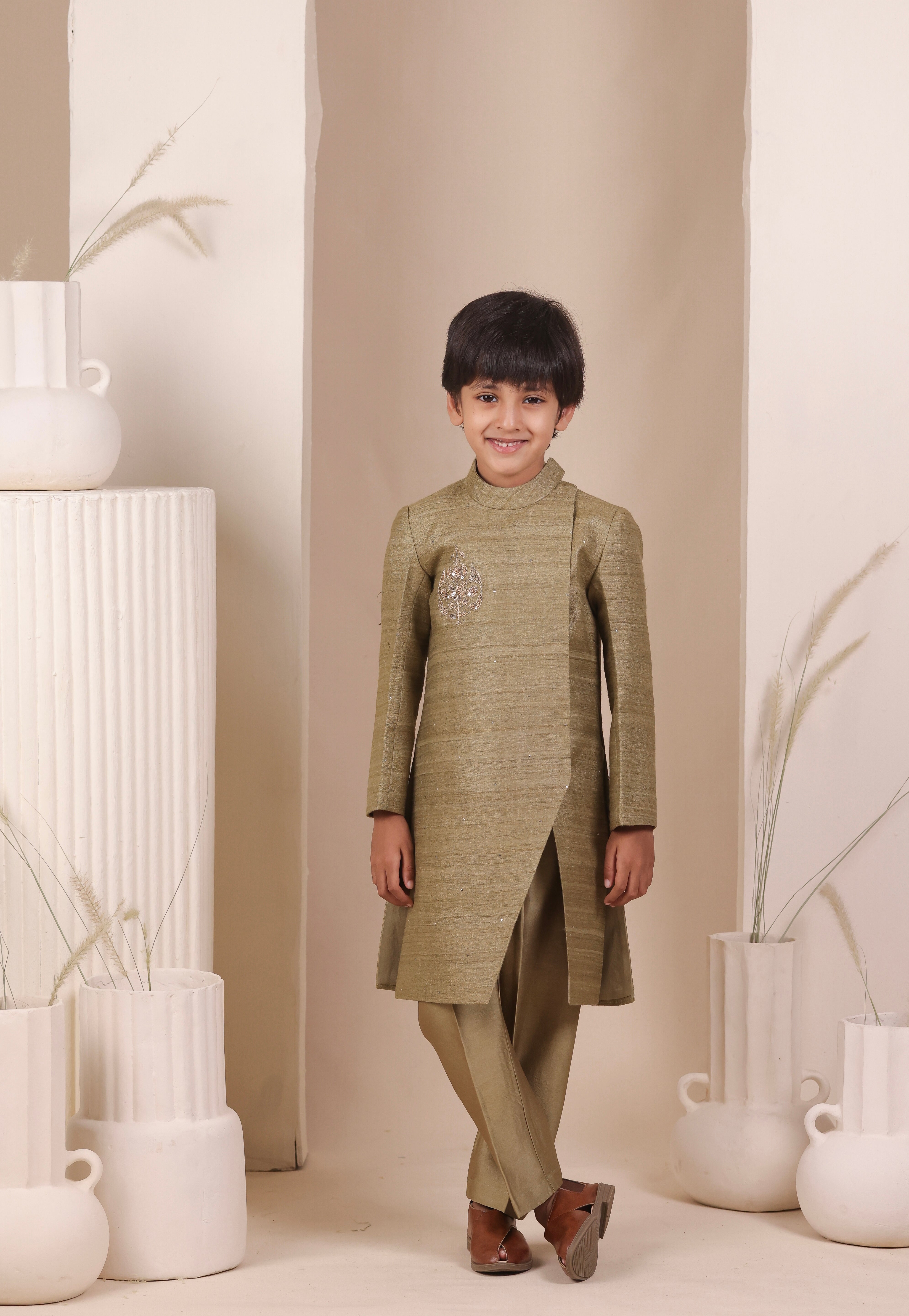 Olive Slit Achkan Set