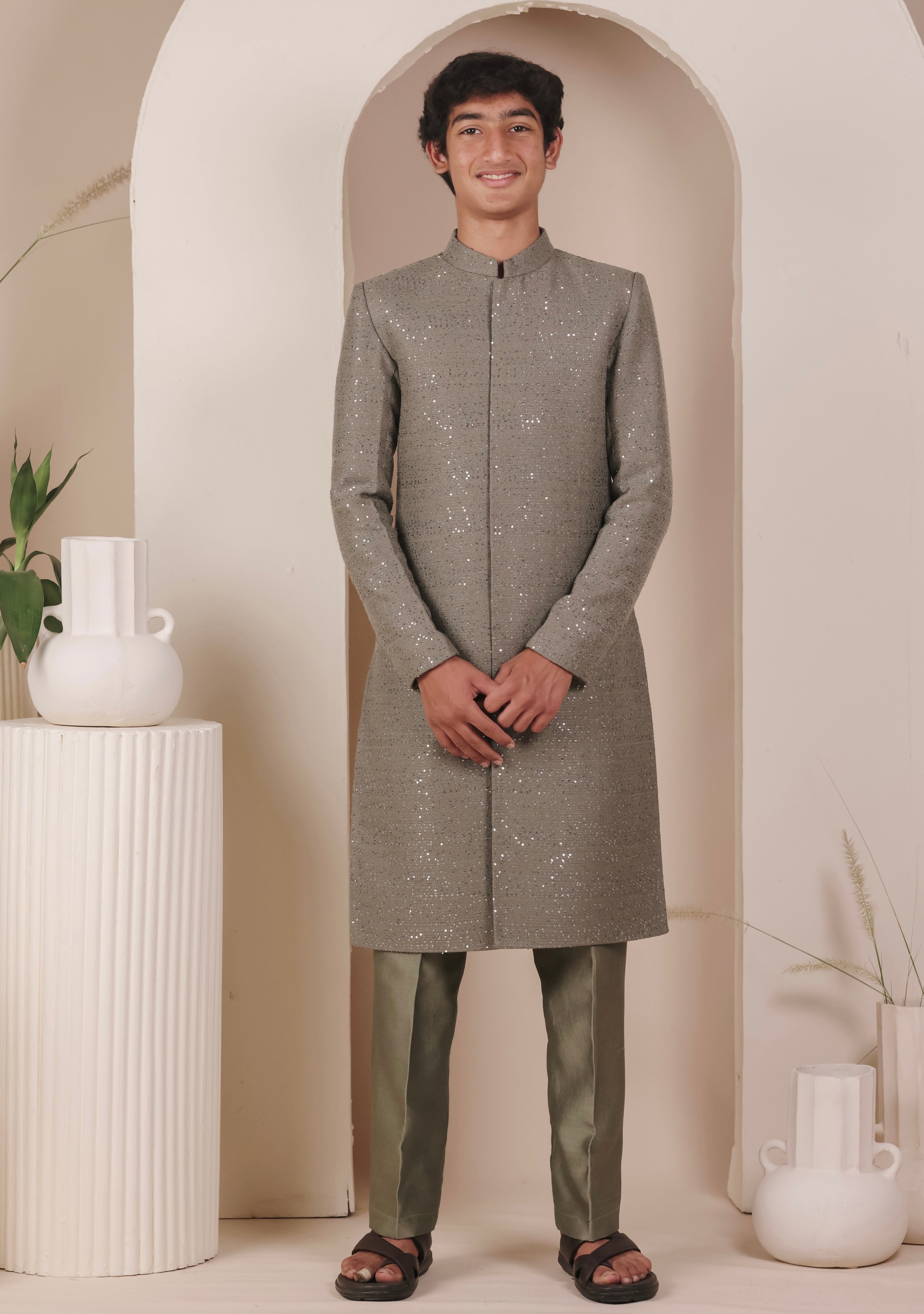 Olive Dust Achkan Set