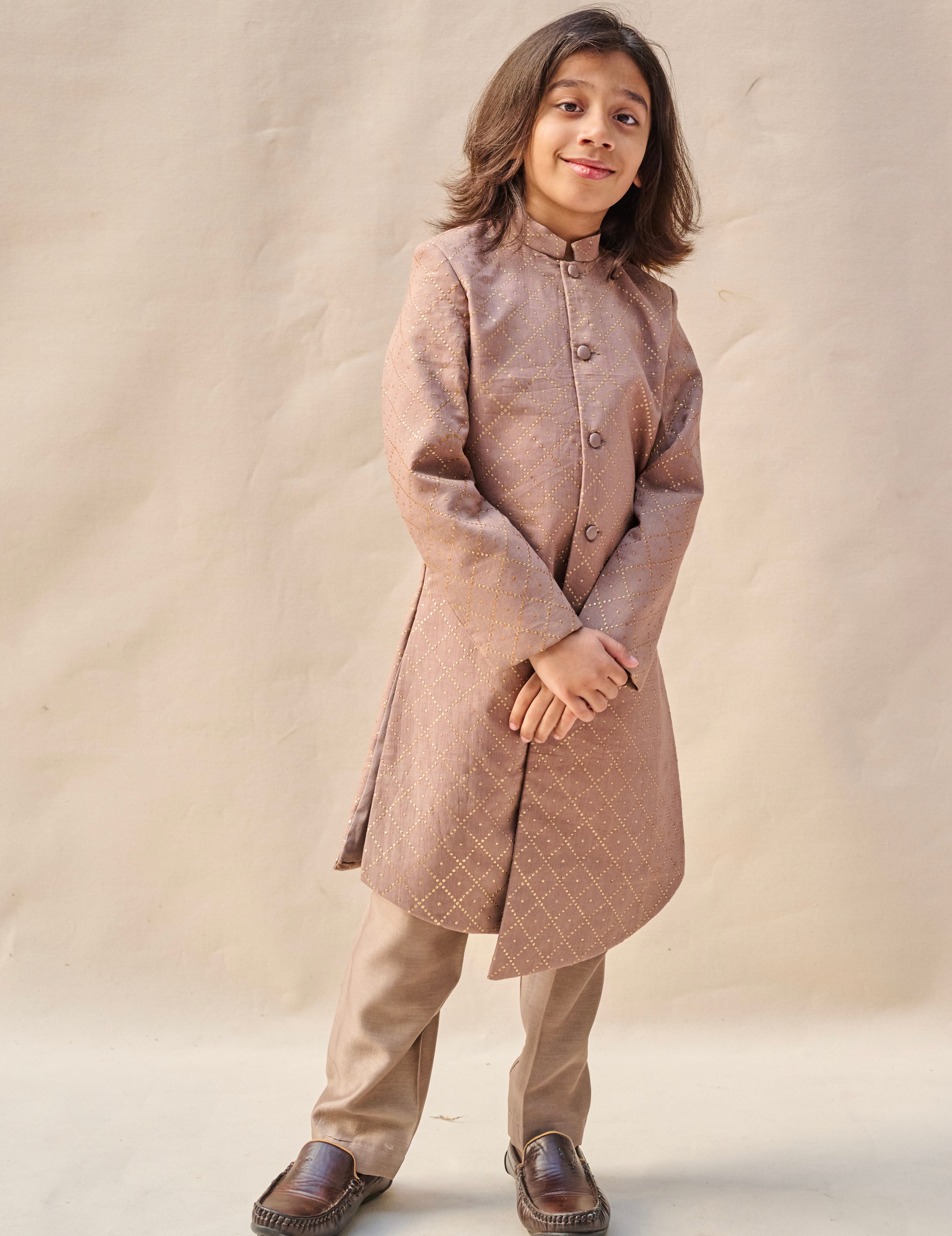Stone Grey Mukaish Achkan Set