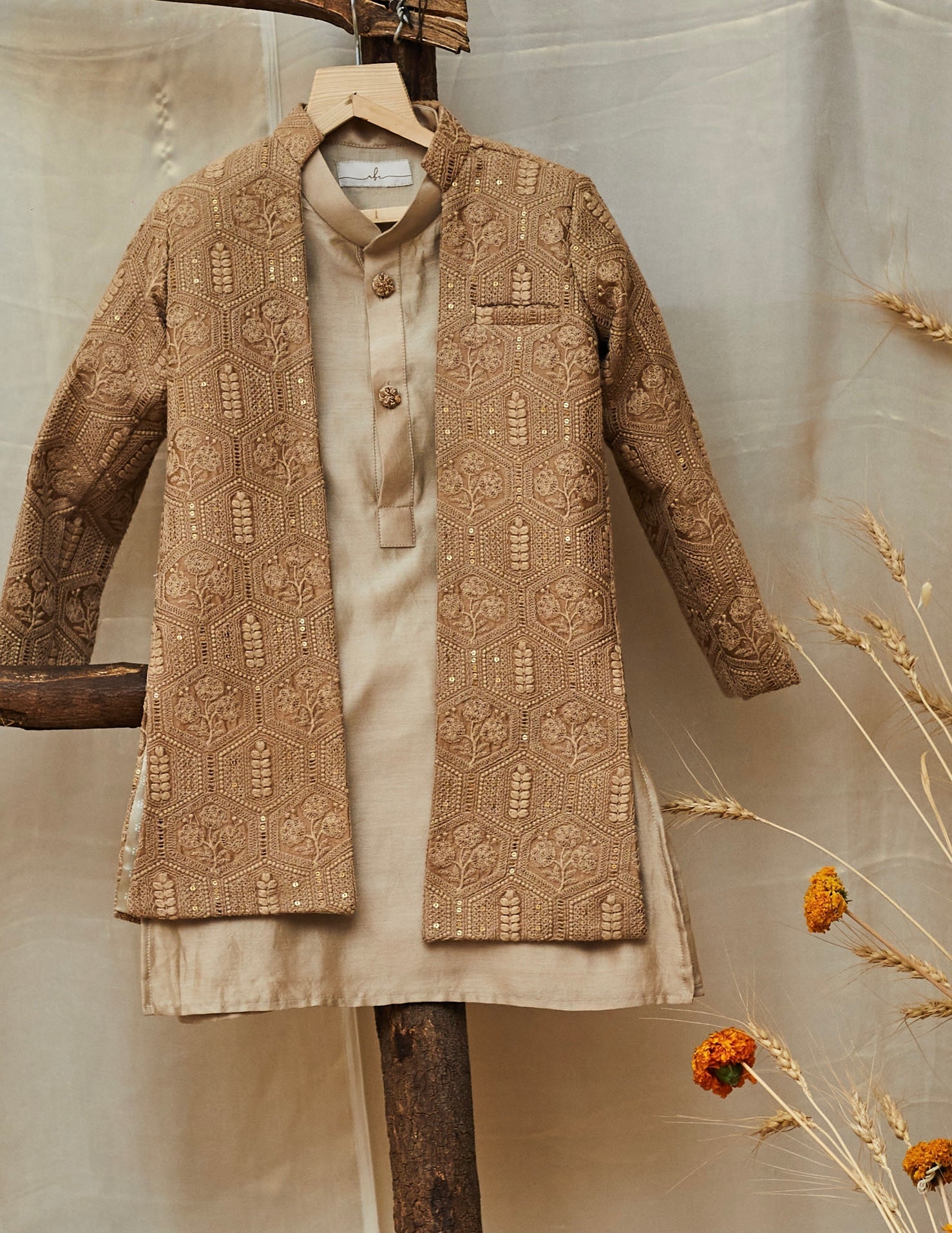 Beige Lakhnavi Open Achkan Set