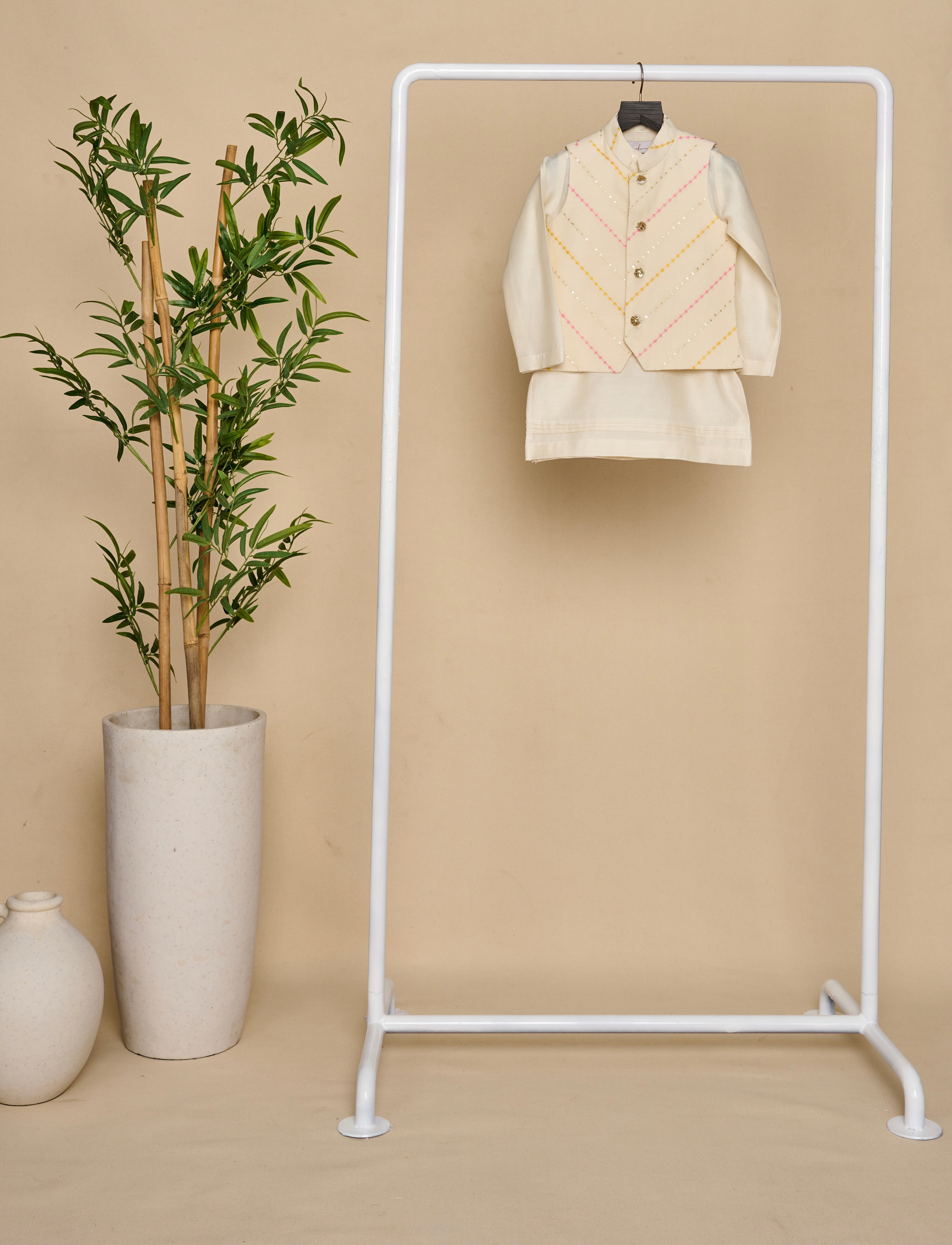 Off White-Yellow Kurta Jacket Set