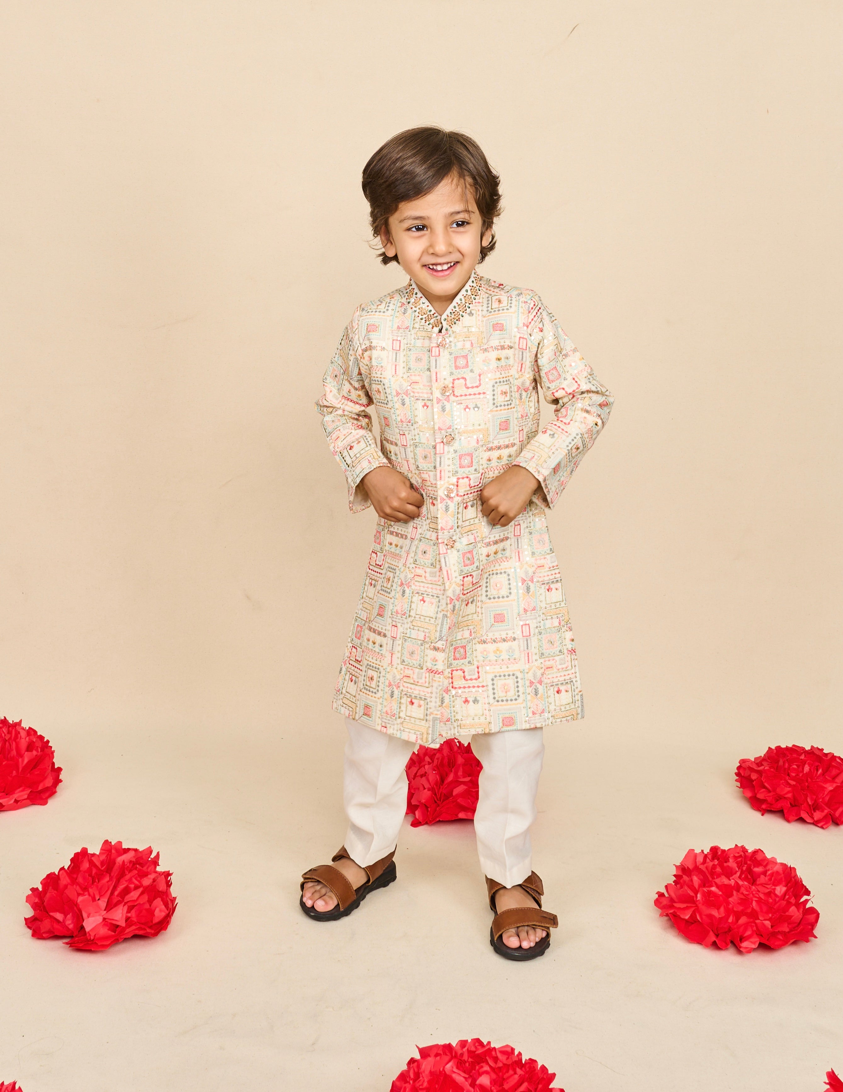 Faded-White Embroidered Achkan Set