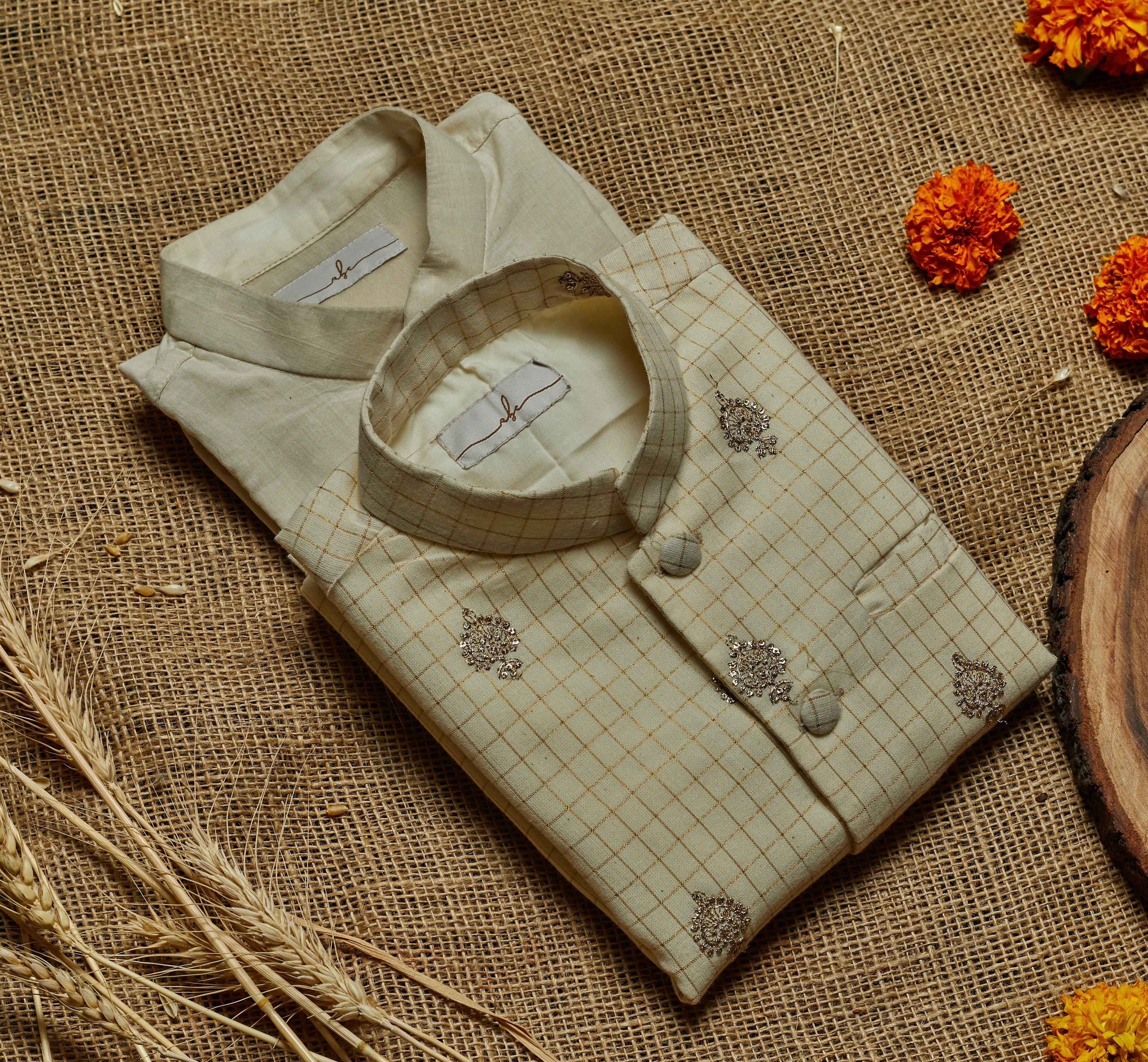 Off White Embroidered Kurta Jacket Set