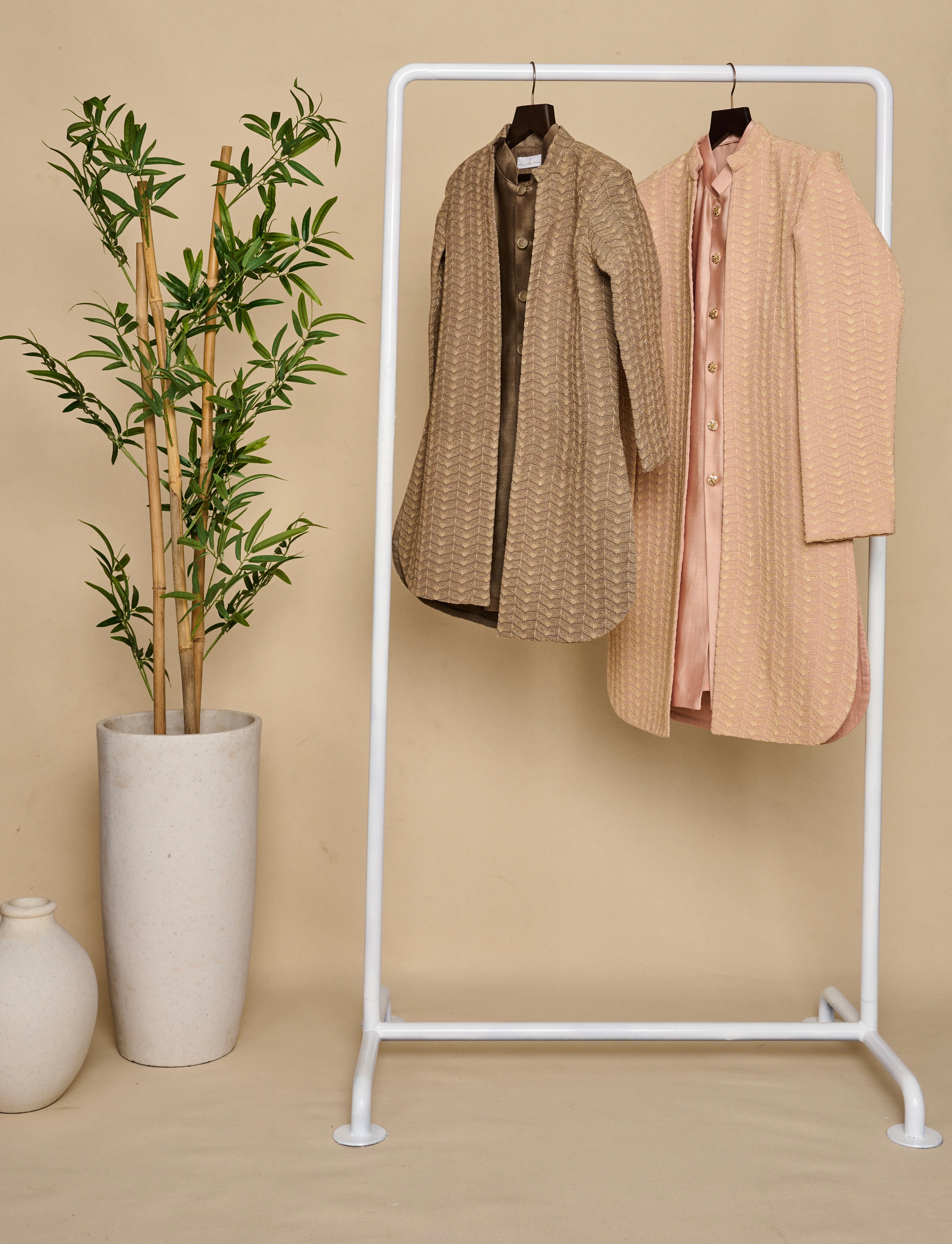 Crepe Pink Lakhnavi Open Achkan Set