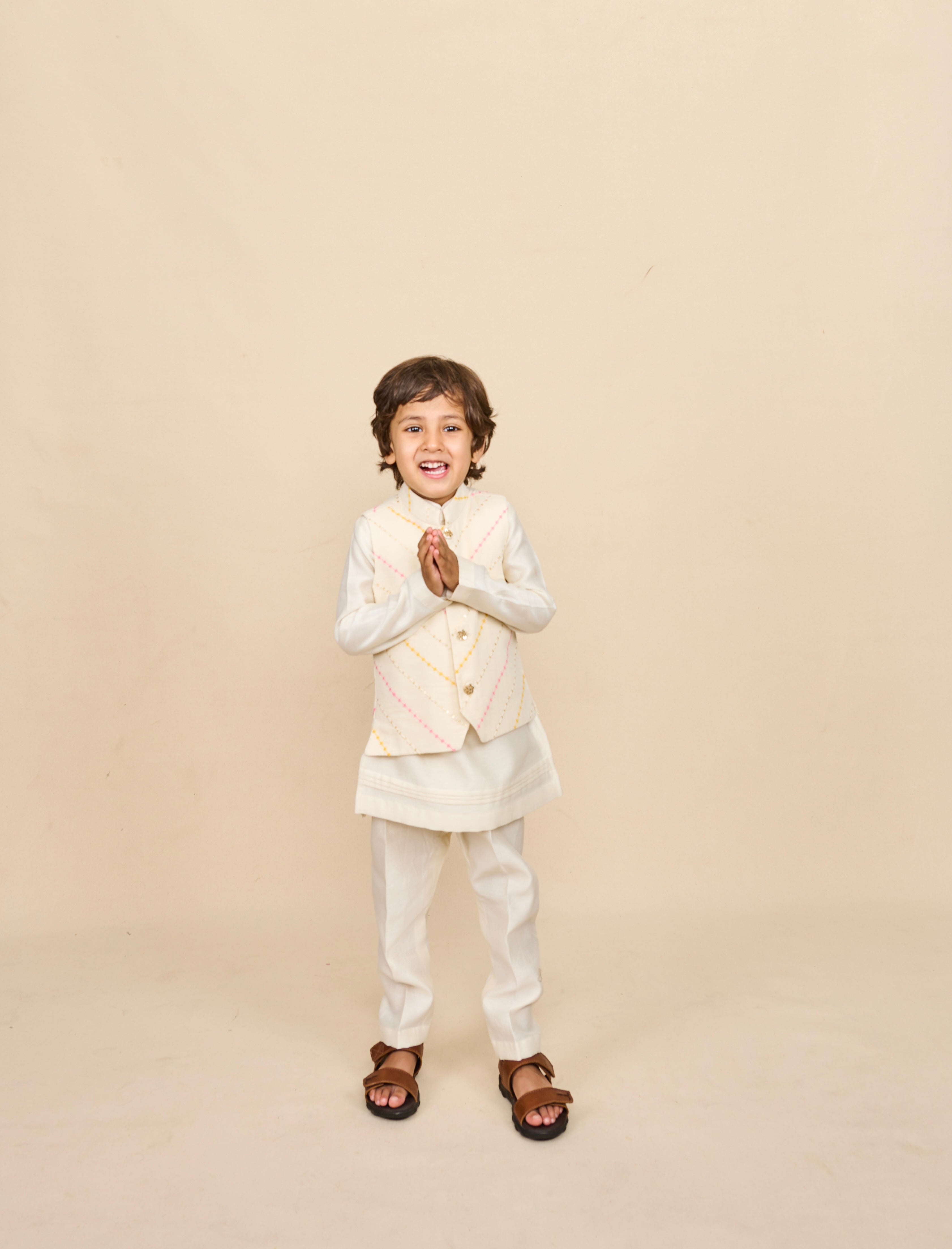 Off White-Yellow Kurta Jacket Set
