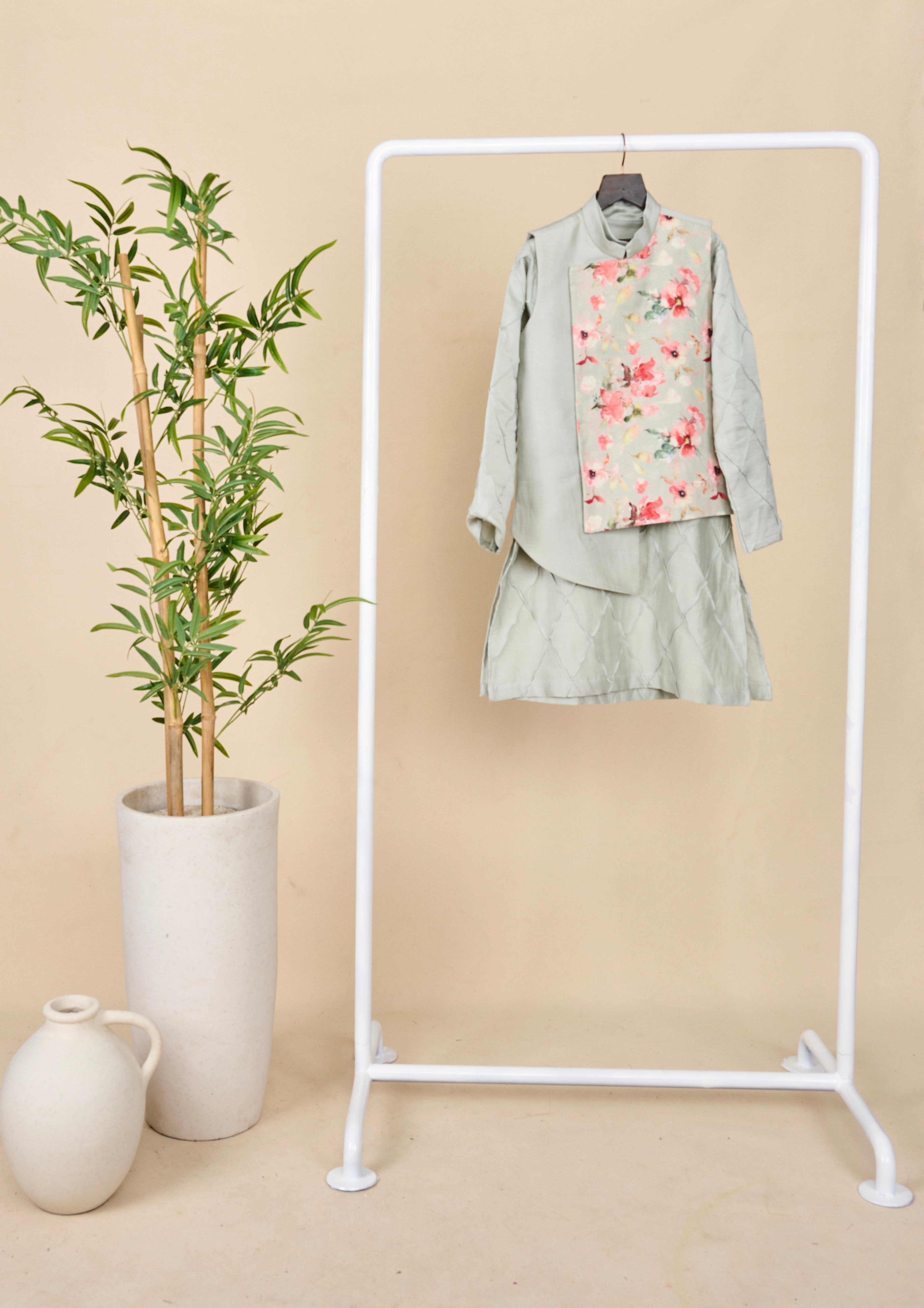 Frost Blue Floral Linen Kurta Jacket Set