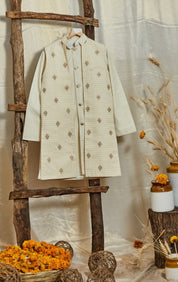 Off White Embroidered Kurta And Long Jacket Set