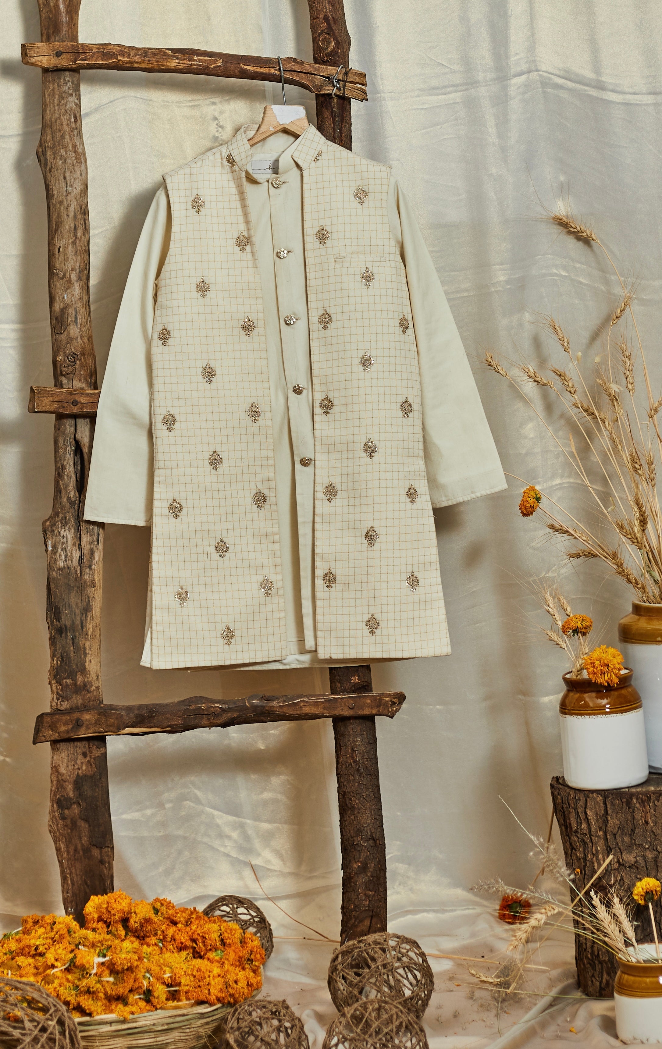 Off White Embroidered Kurta And Long Jacket Set
