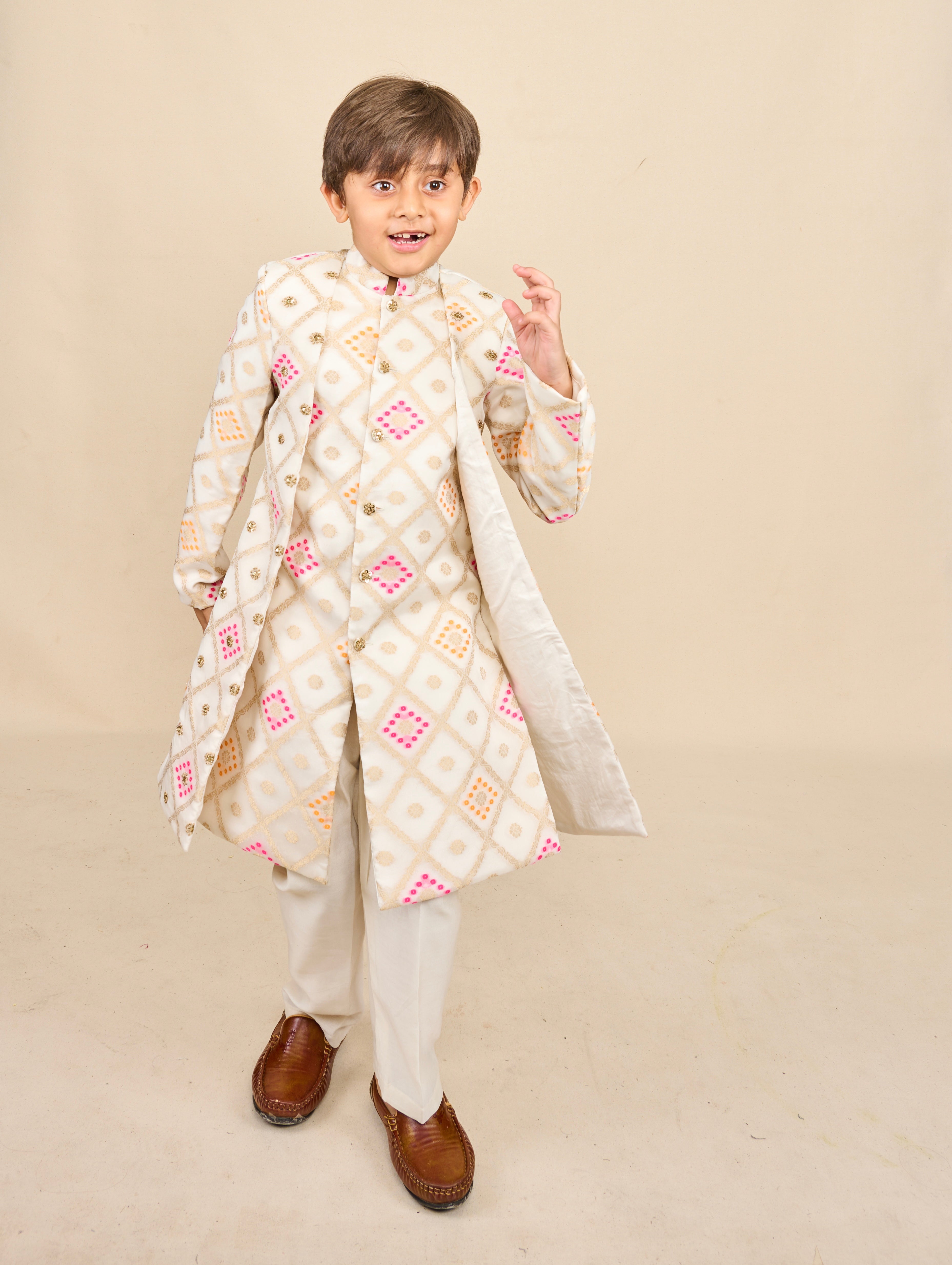 Super White Bandhani Layered Achkan Set