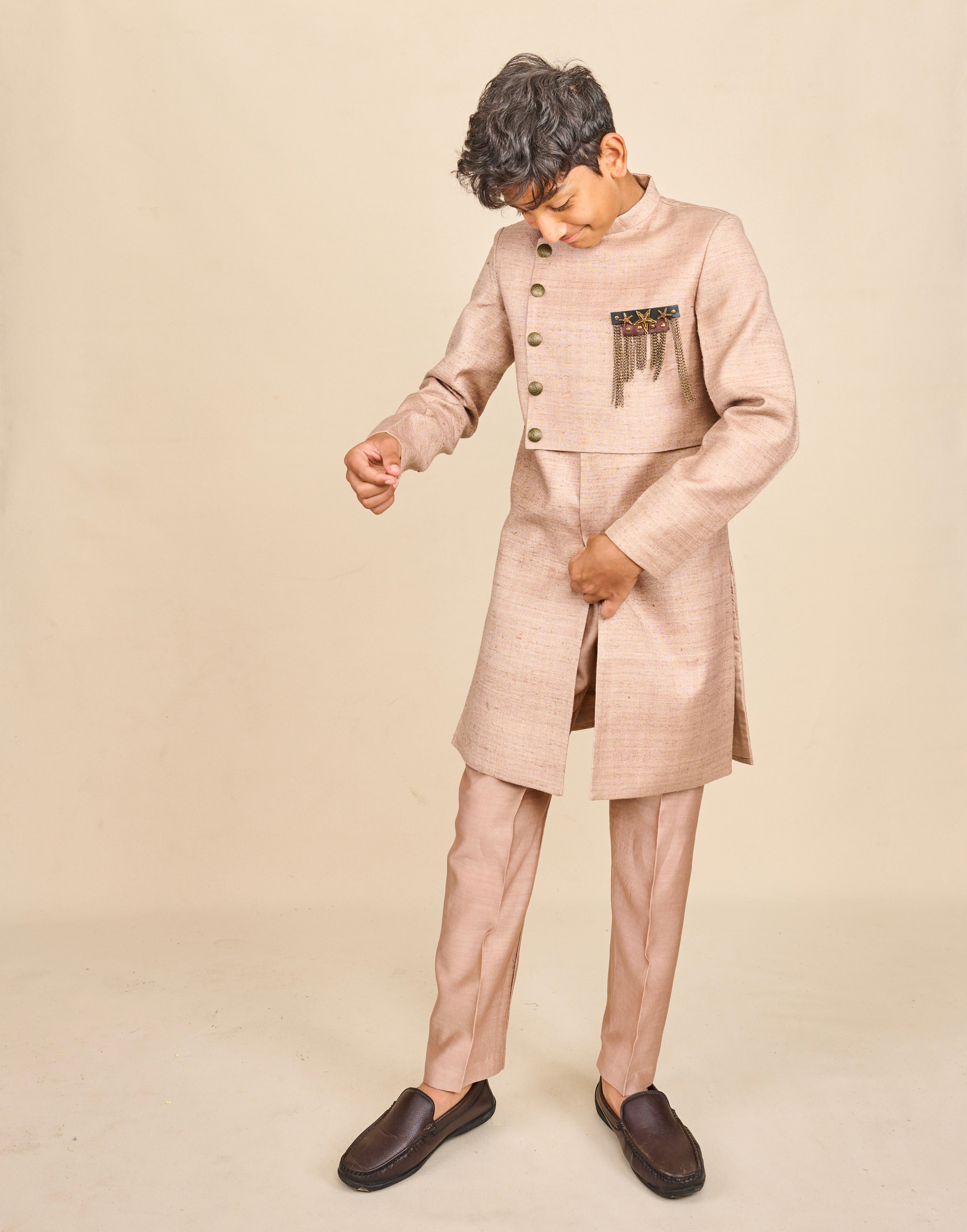 Nude Colour Layered Achkan Set