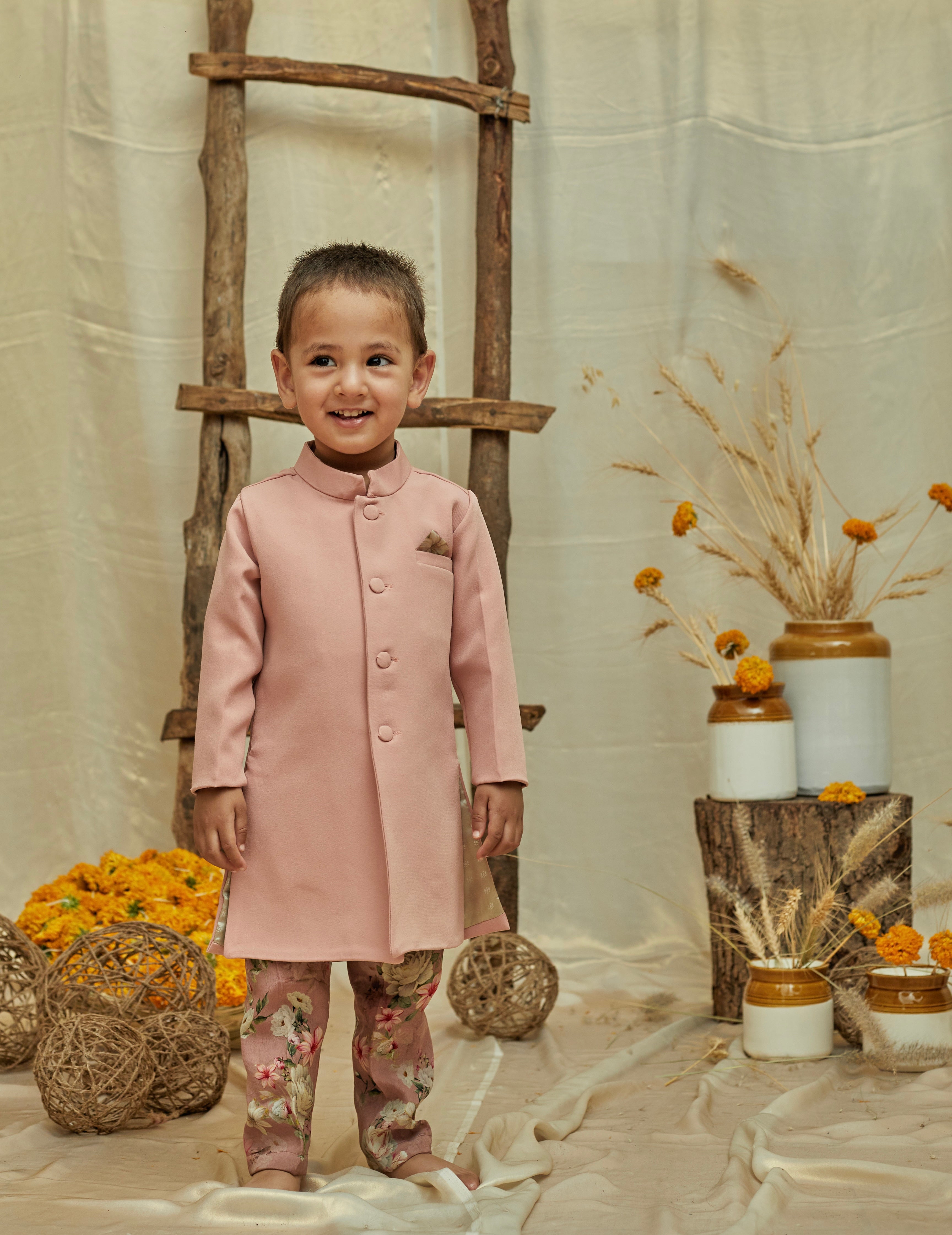 Onion Pink Floral Achkan Set