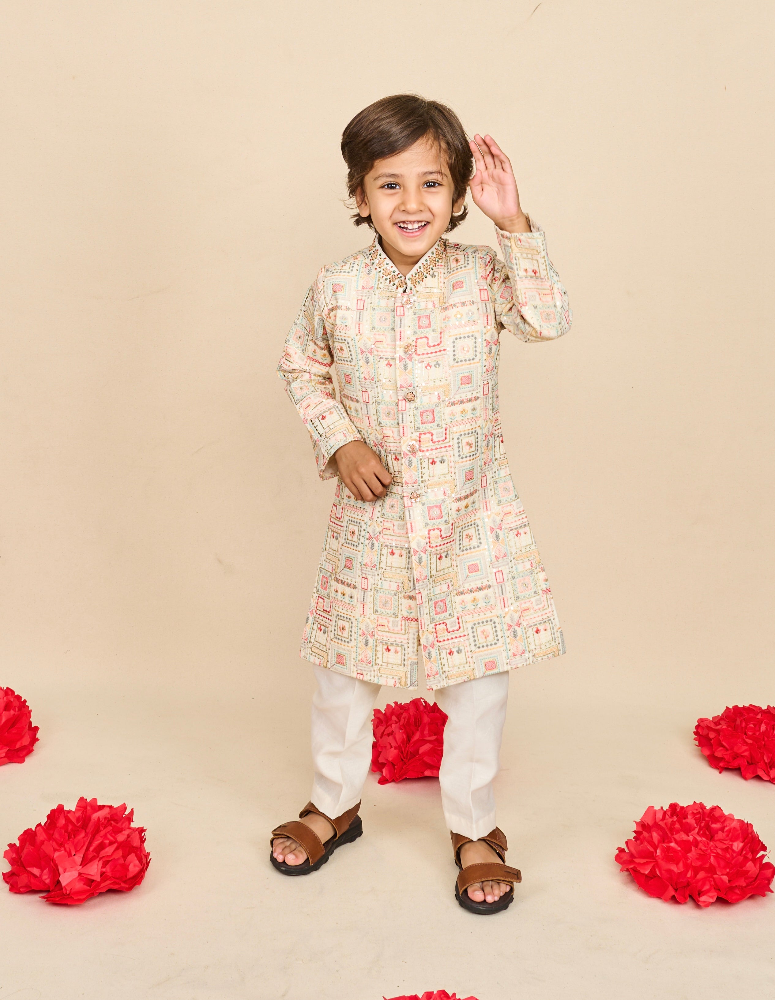 Faded-White Embroidered Achkan Set