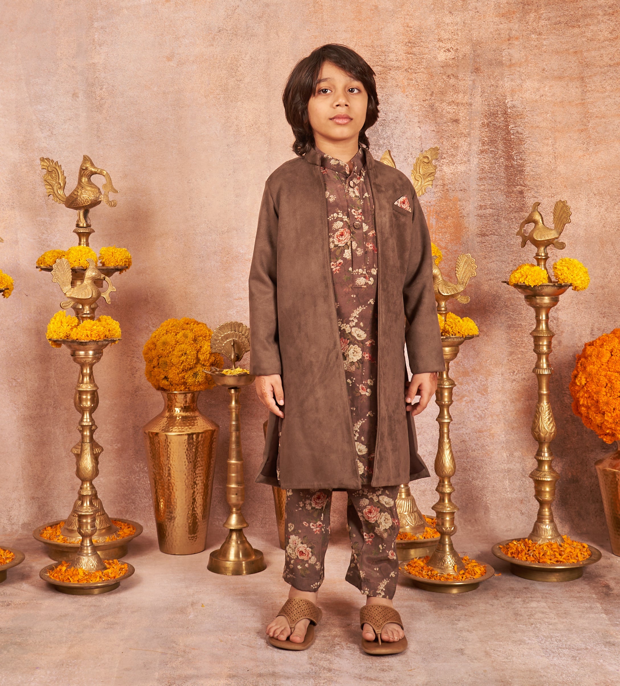 Grey Suede Open Achkan Set