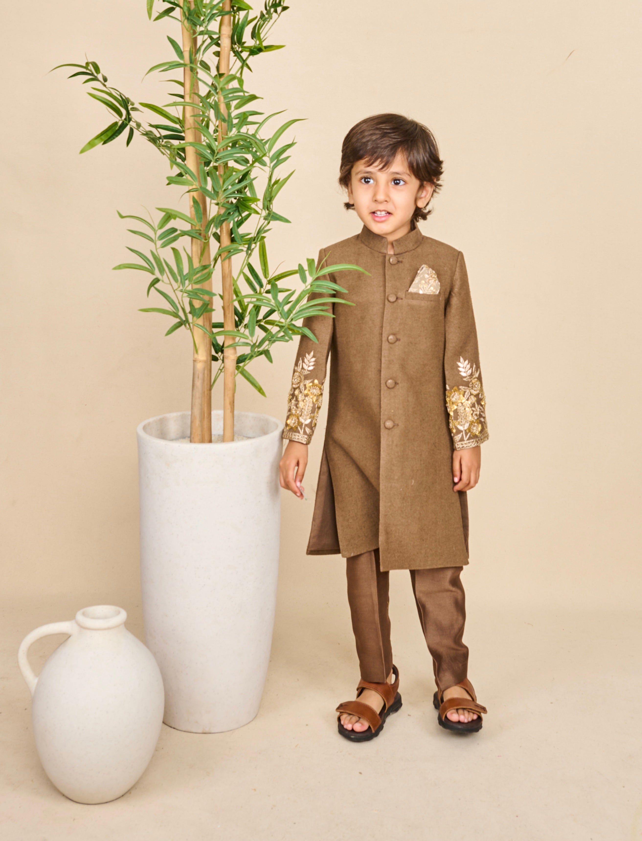 Mocha Brown Hand Embroidered Achkan Set