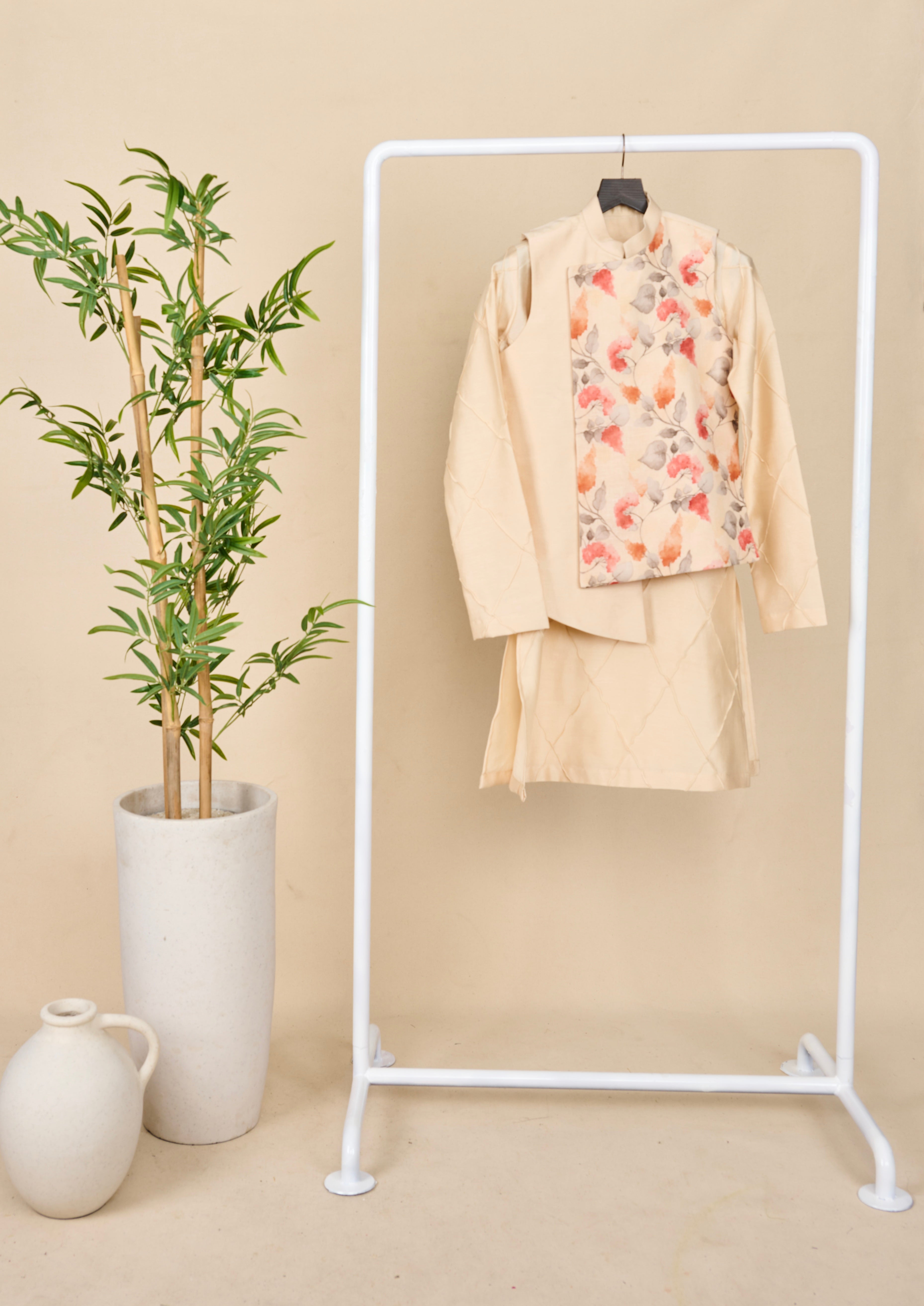 Ivory Floral Linen Kurta Jacket Set