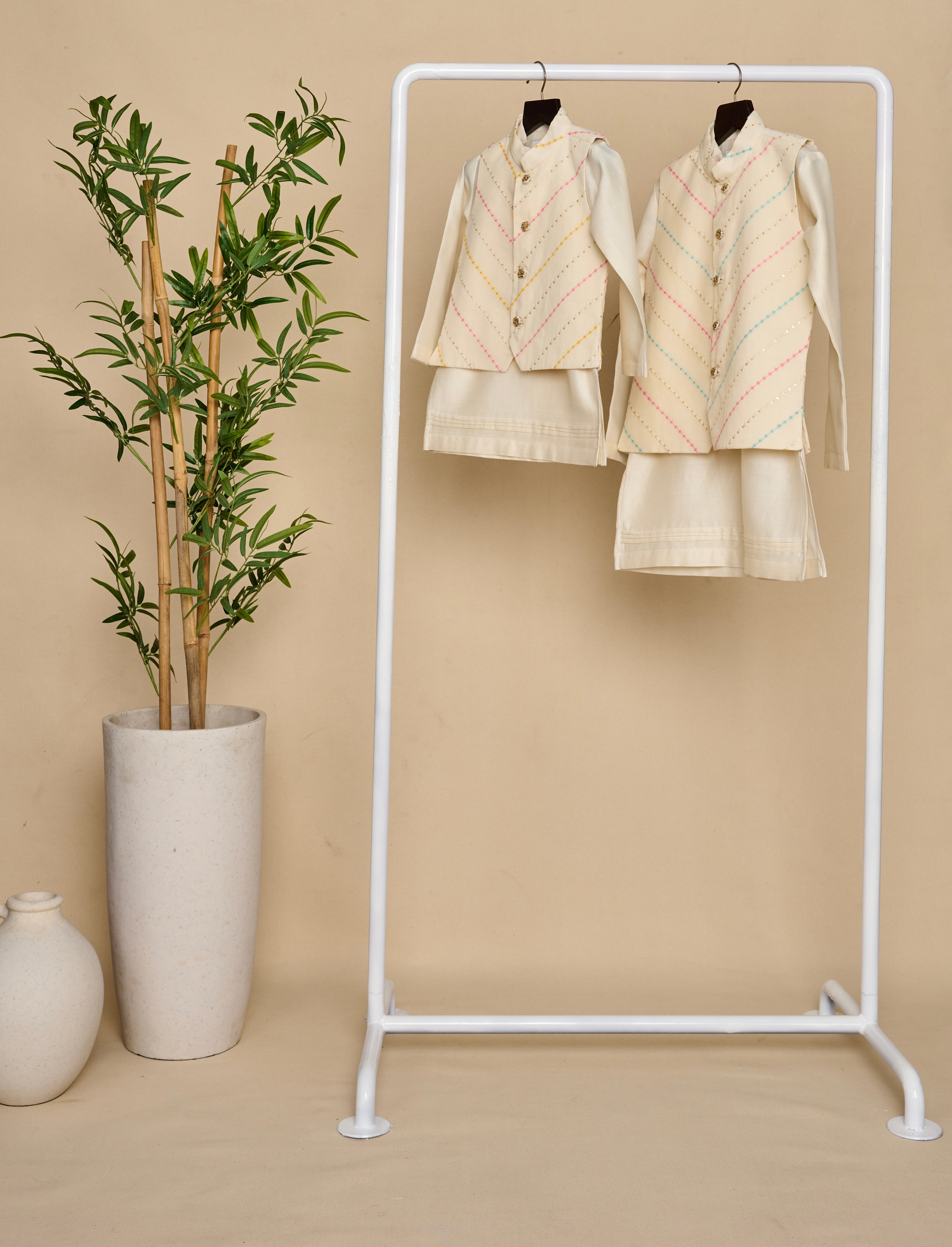Off White-Yellow Kurta Jacket Set