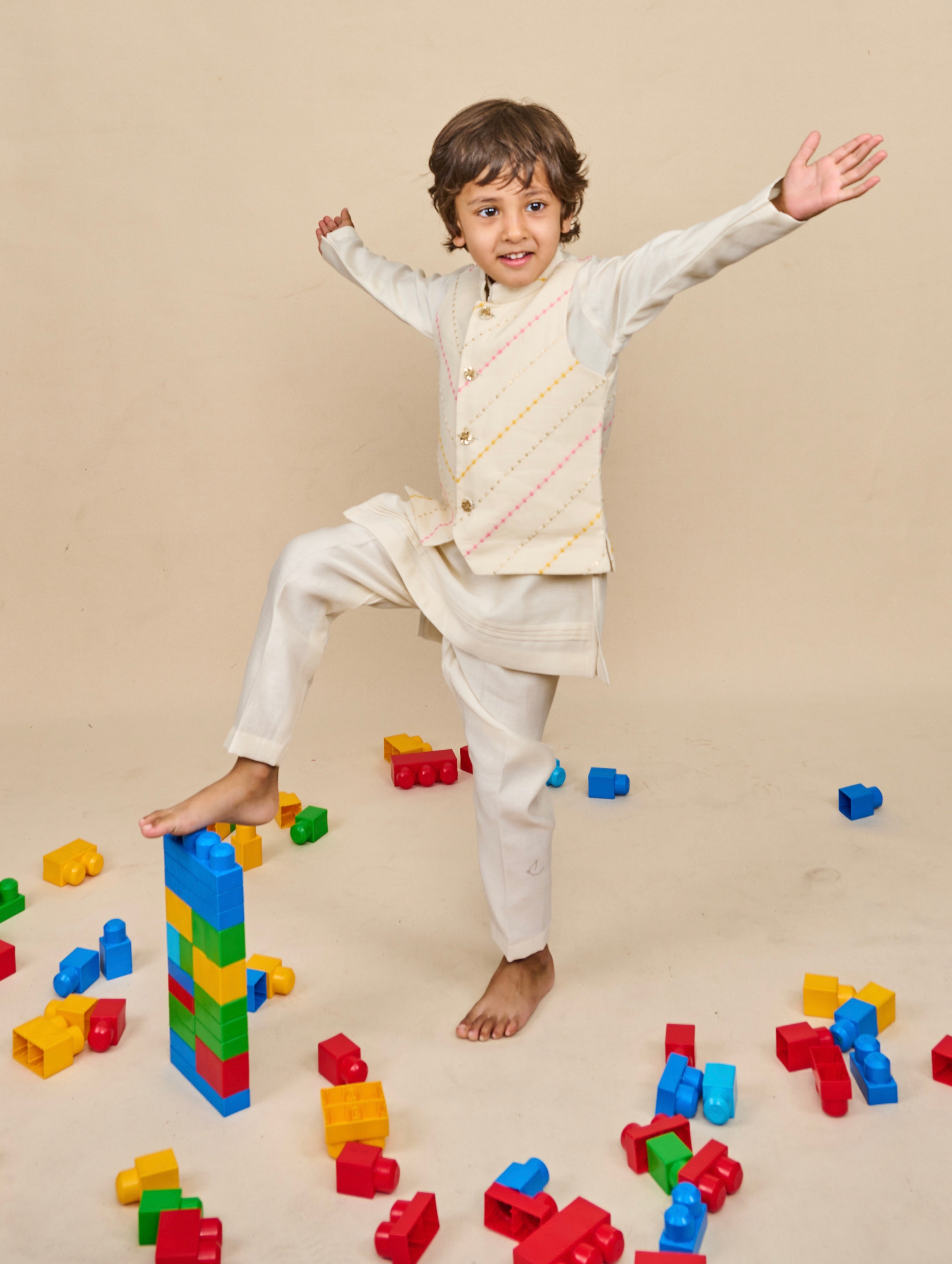 Off White-Yellow Kurta Jacket Set