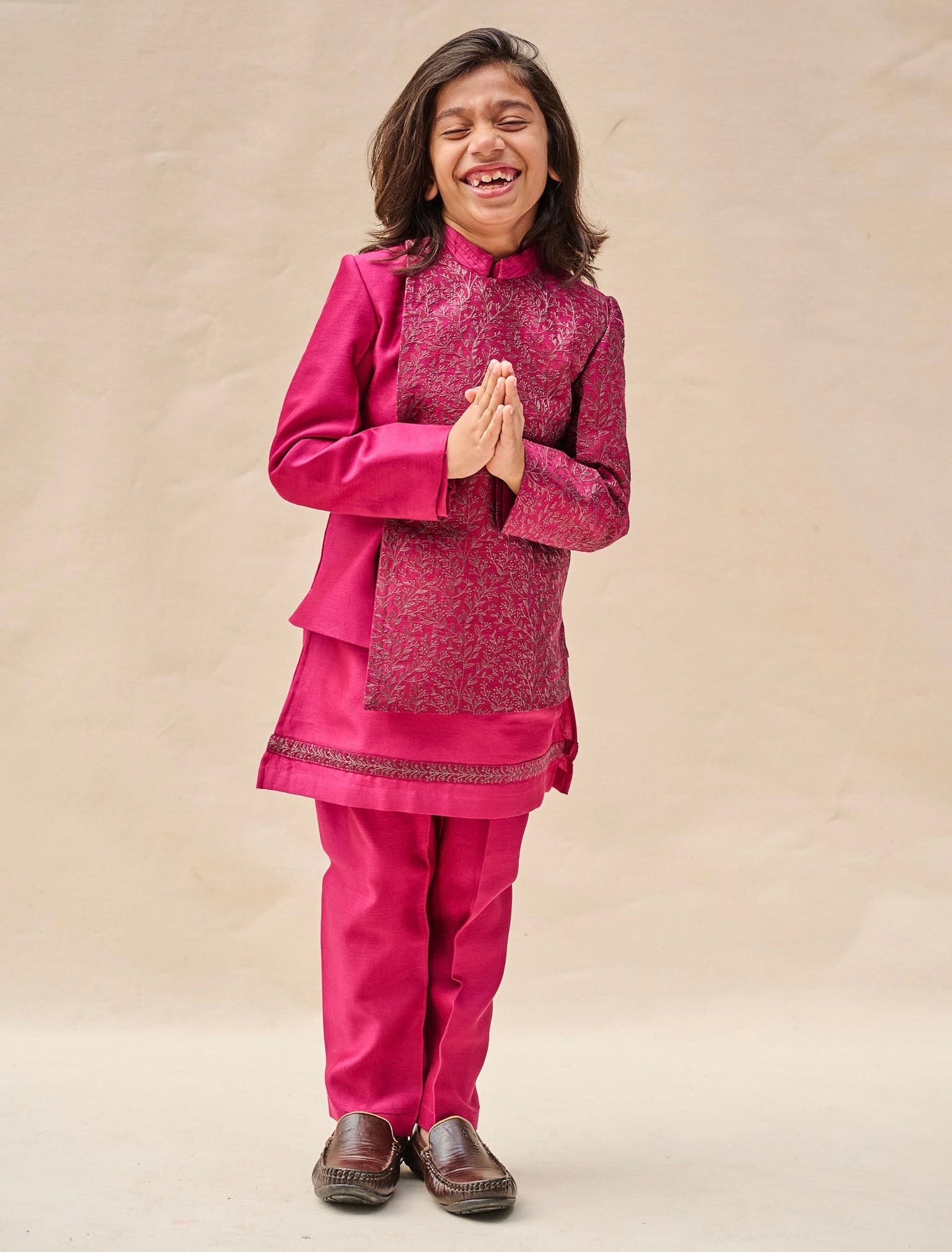 Magenta Pink Handloom Silk Bandhgala Set