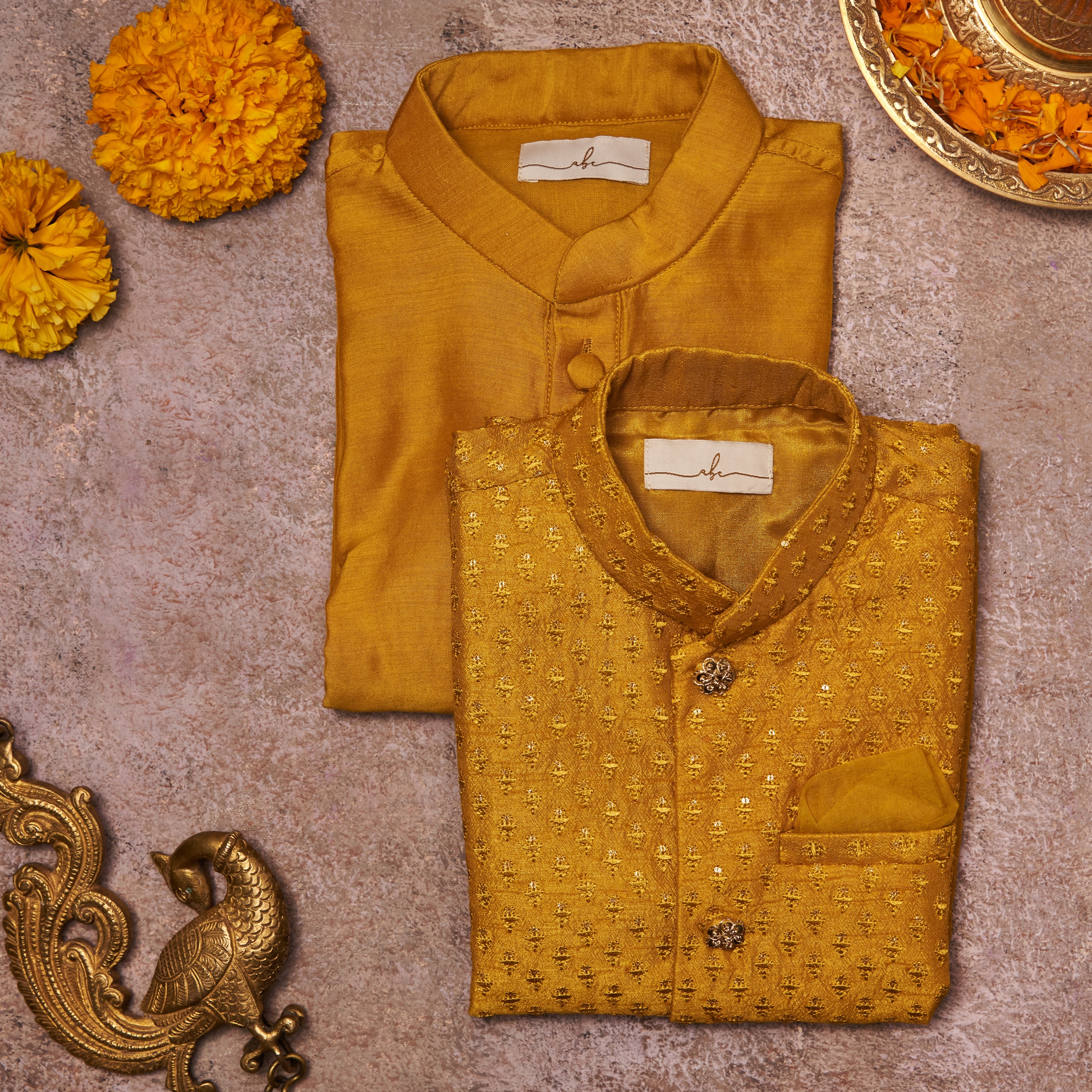 Mustard Embroidered Kurta Jacket Set