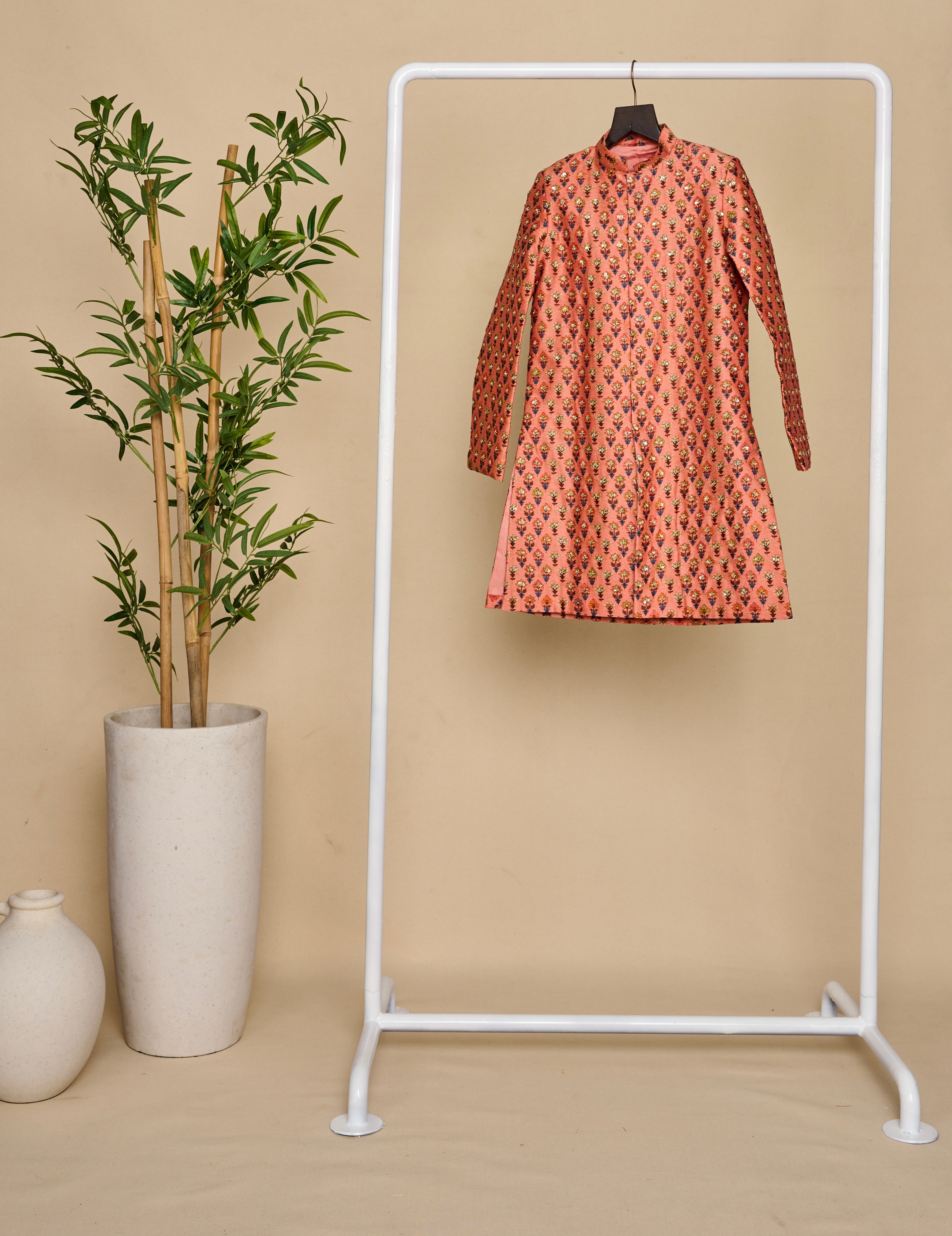 Peach Jaipuri Print Highlighted Achkan Set