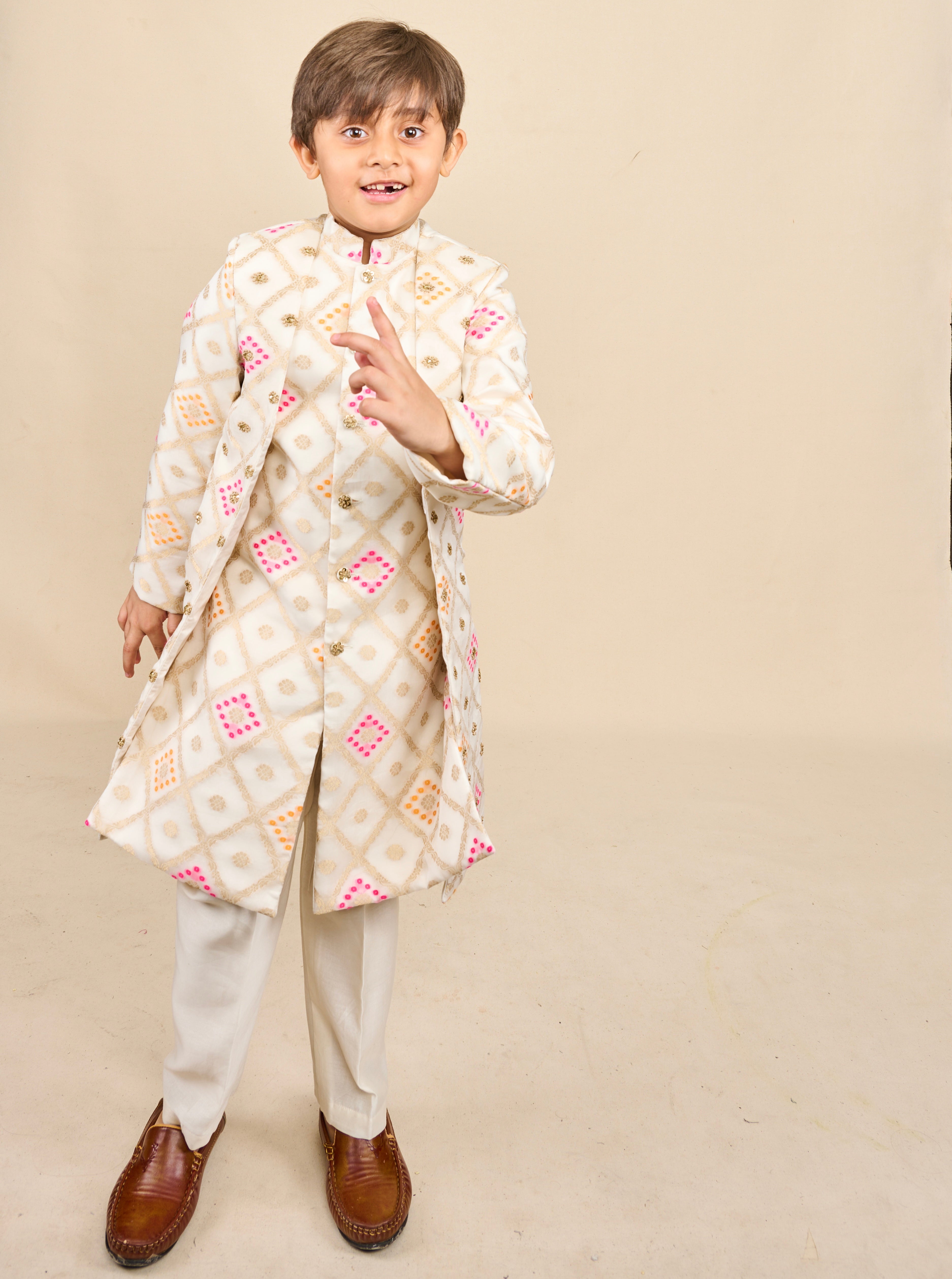 Super White Bandhani Layered Achkan Set
