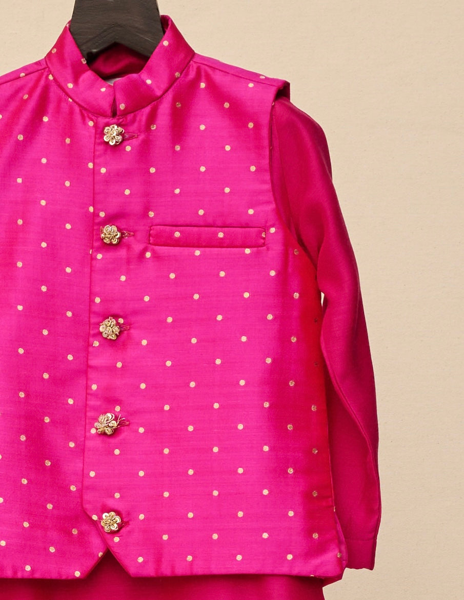 Rani Pink Silk Weave Kurta Jacket Set