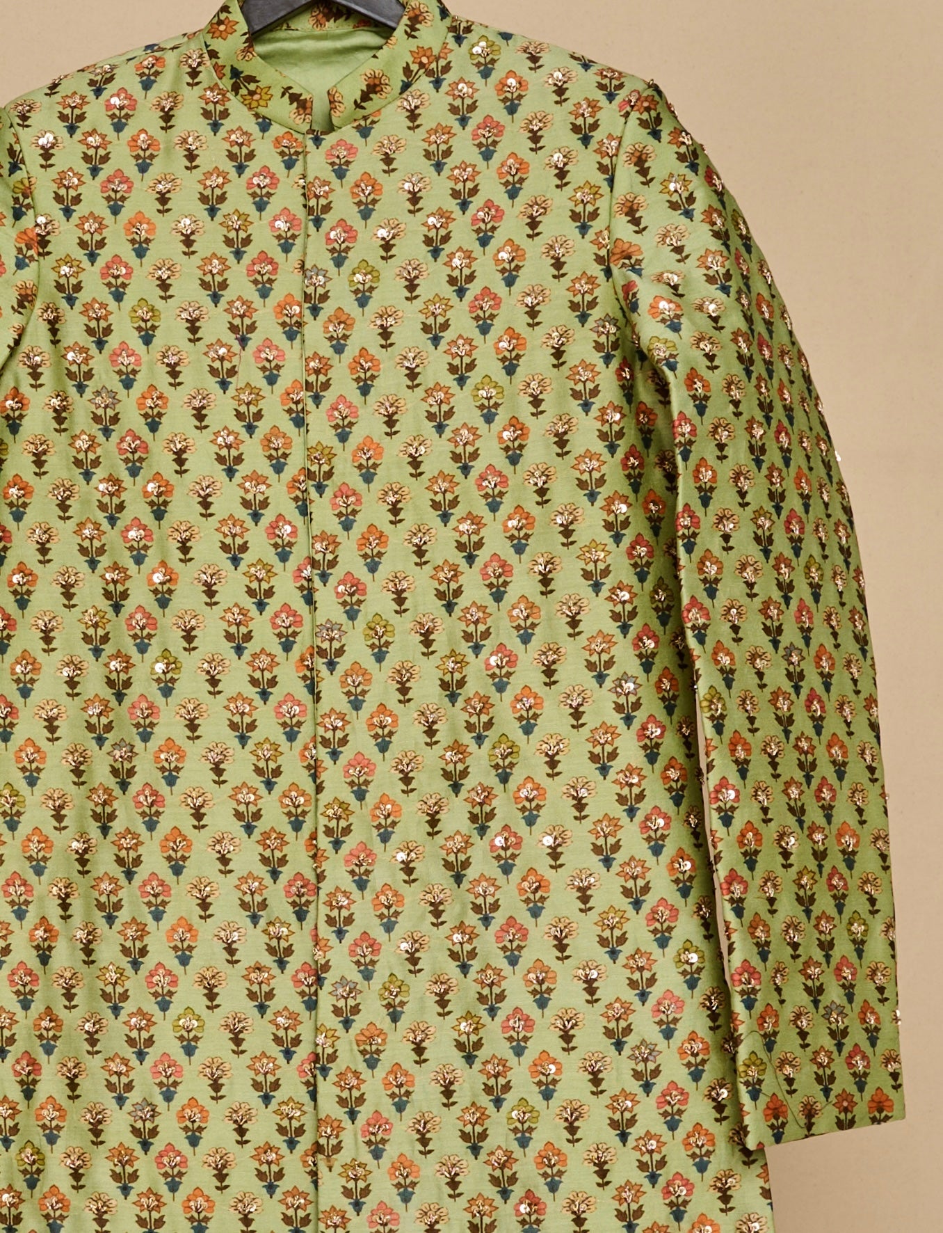 Apple Green Jaipuri Print Highlighted Achkan Set
