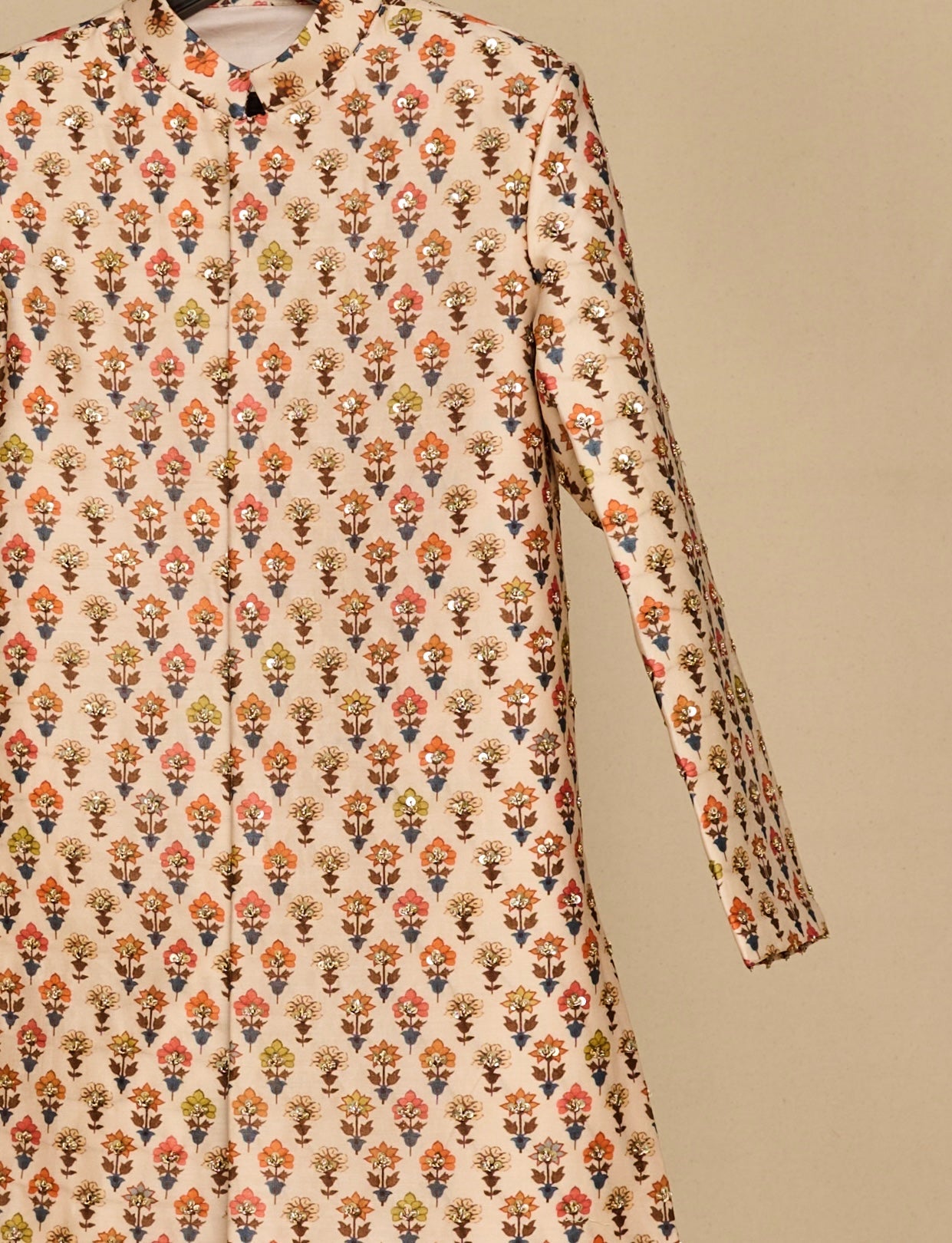 Ivory Jaipuri Print Highlighted Achkan Set