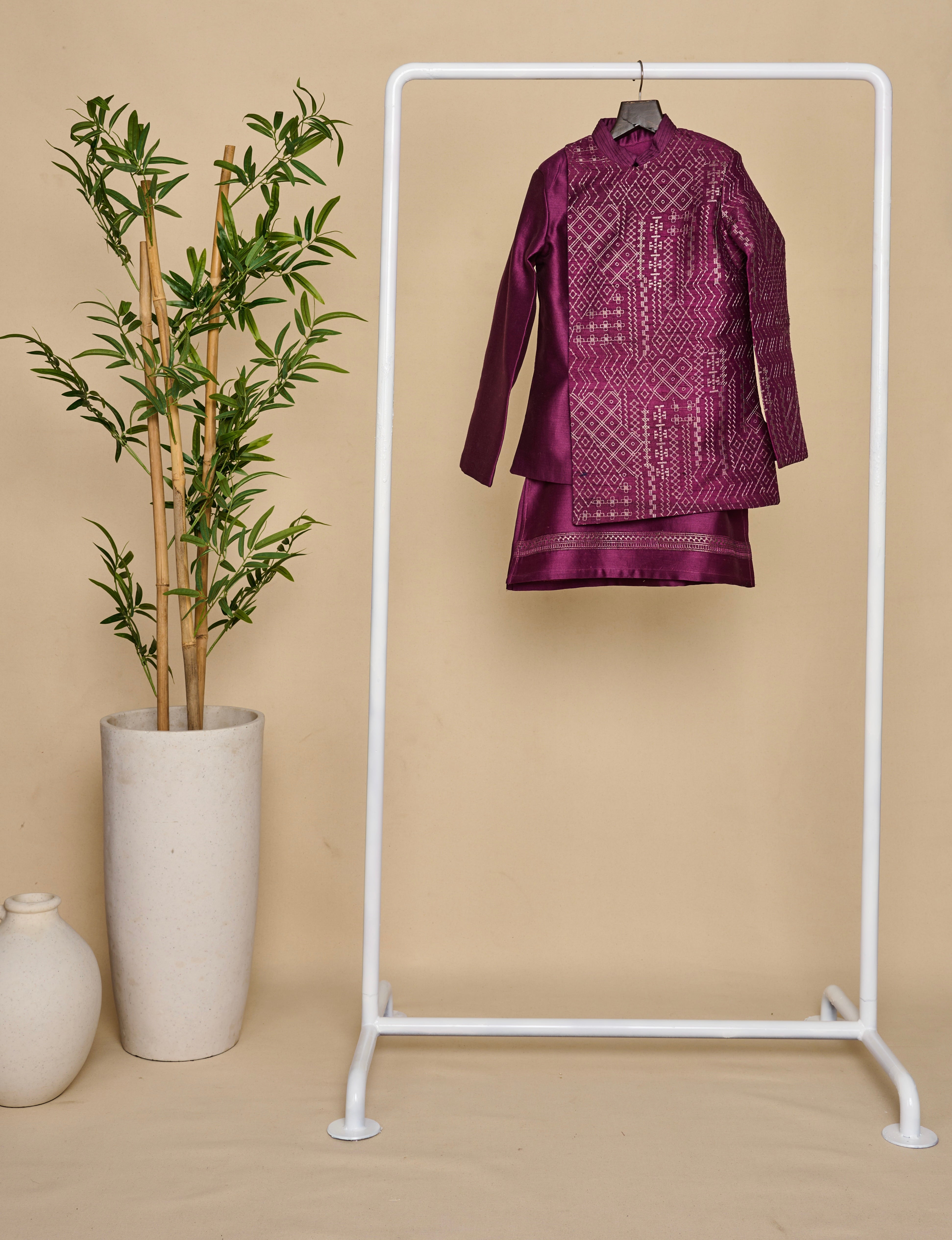 Wine Coloured Handloom Silk Bandhgala Set