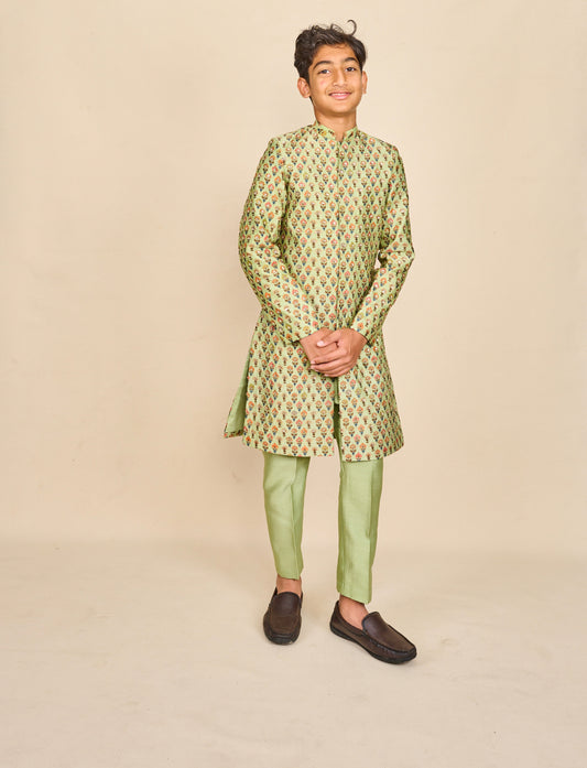 Apple Green Jaipuri Print Highlighted Achkan Set