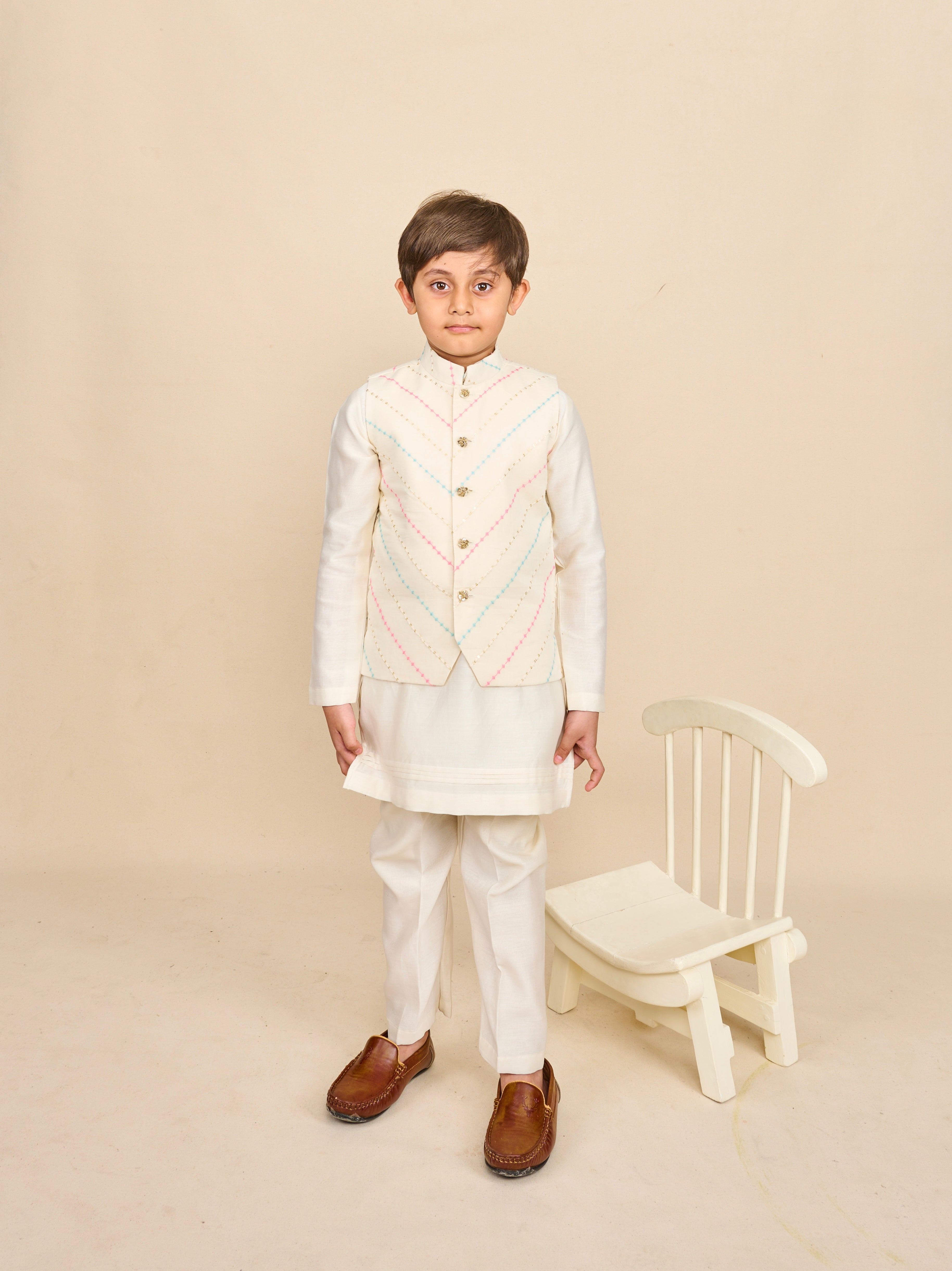 Off White-Blue Kurta Jacket Set