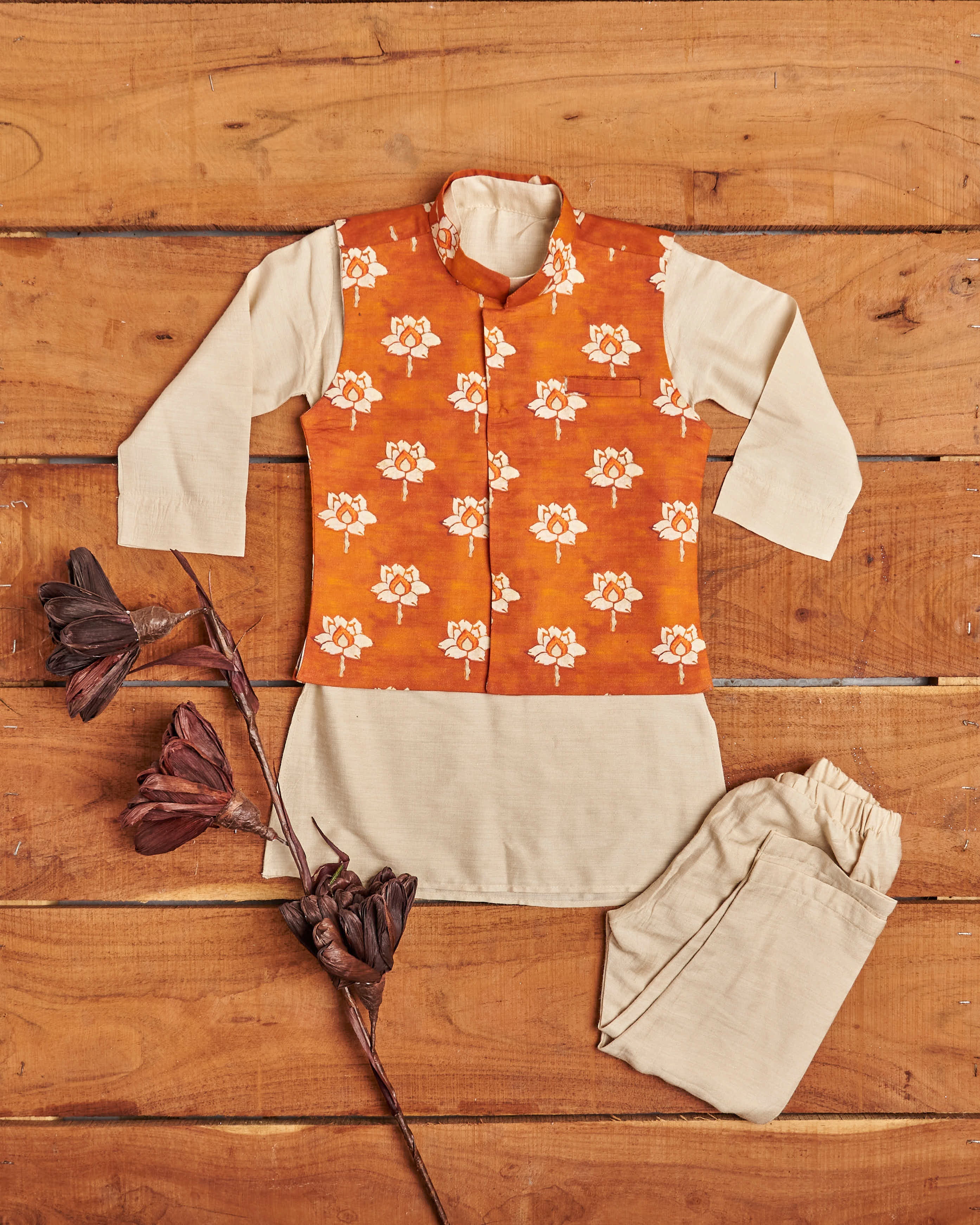 Orange Lotus Print Kurta Jacket Set