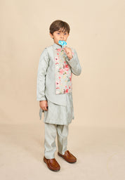 Frost Blue Floral Linen Kurta Jacket Set