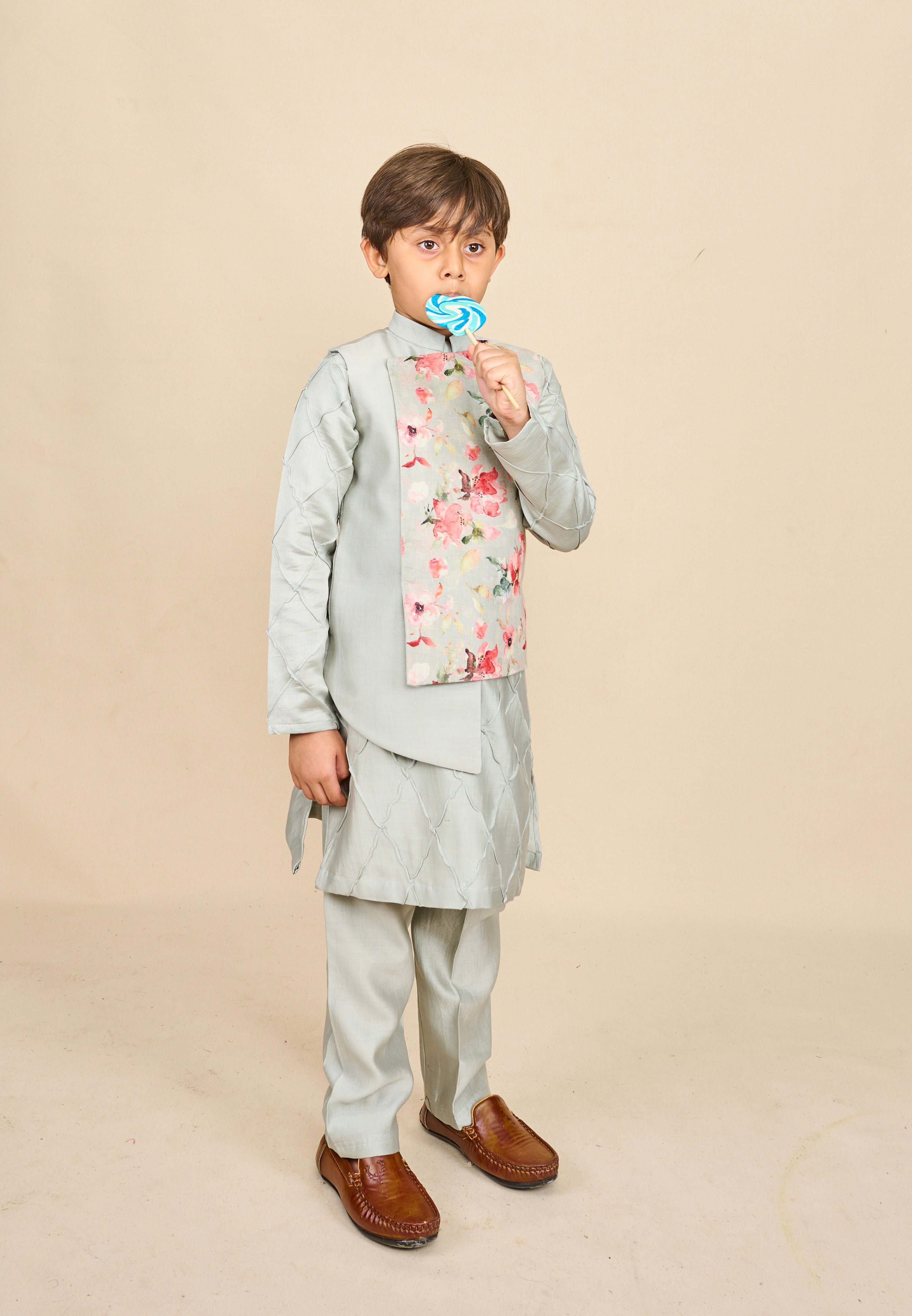 Frost Blue Floral Linen Kurta Jacket Set