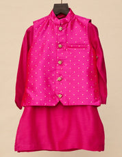 Rani Pink Silk Weave Kurta Jacket Set