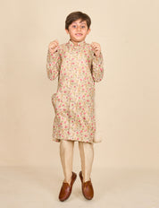 Coral Red Multicolour Linen Kurta Set