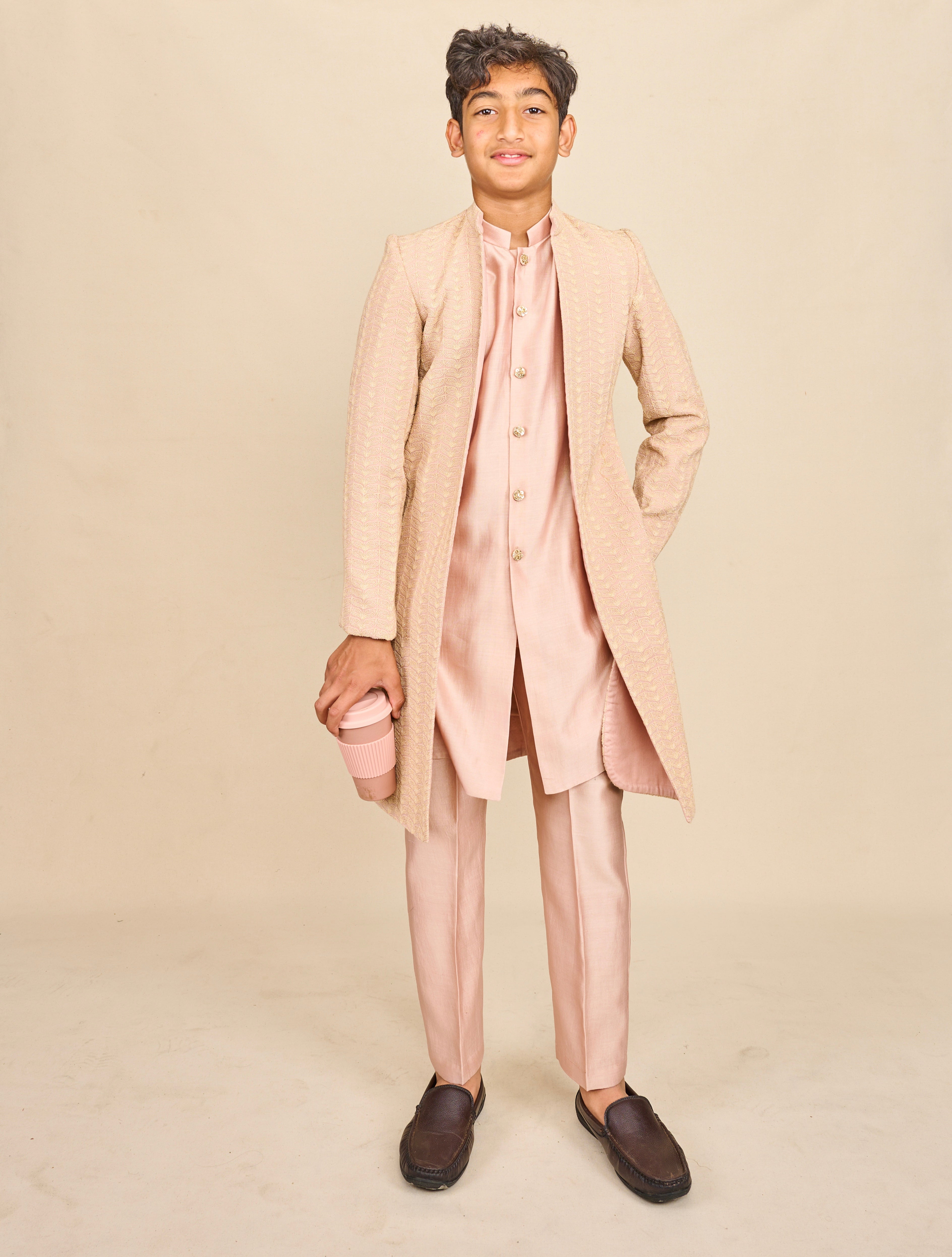 Crepe Pink Lakhnavi Open Achkan Set