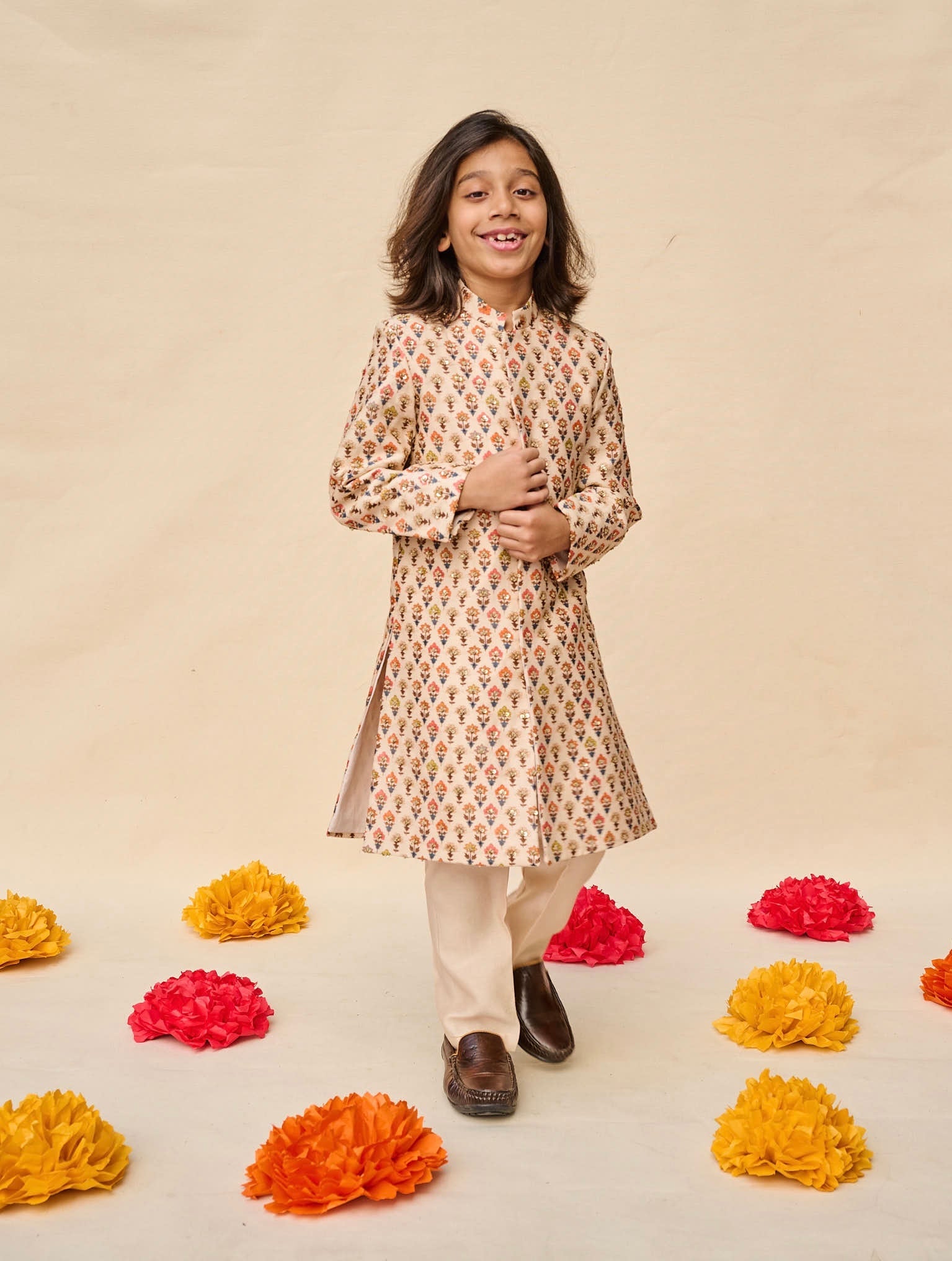 Ivory Jaipuri Print Highlighted Achkan Set