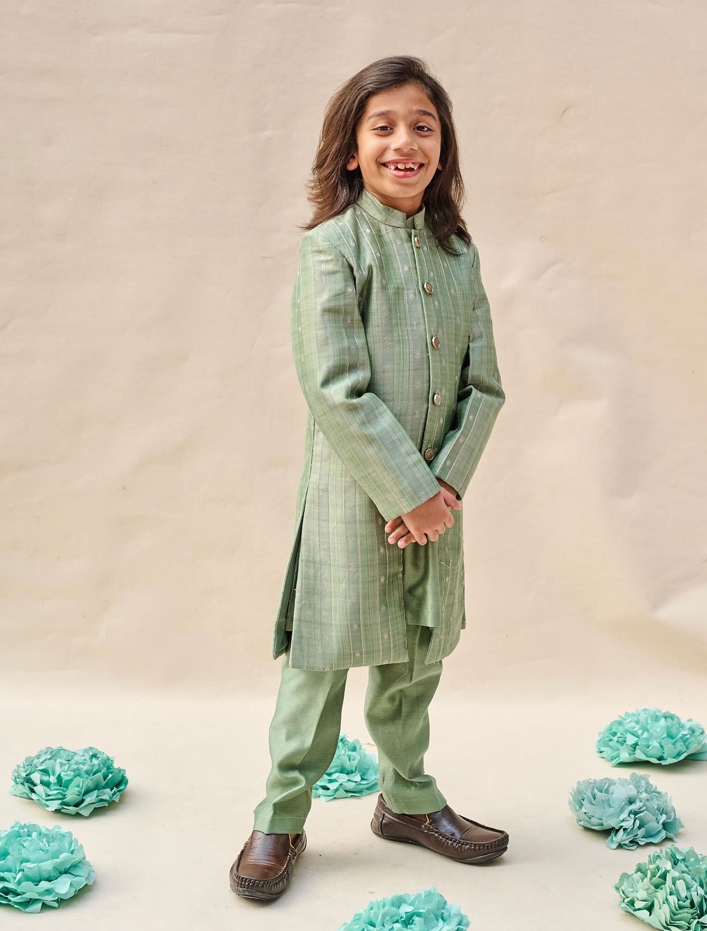 Sage Green Moonga Silk Achkan Set