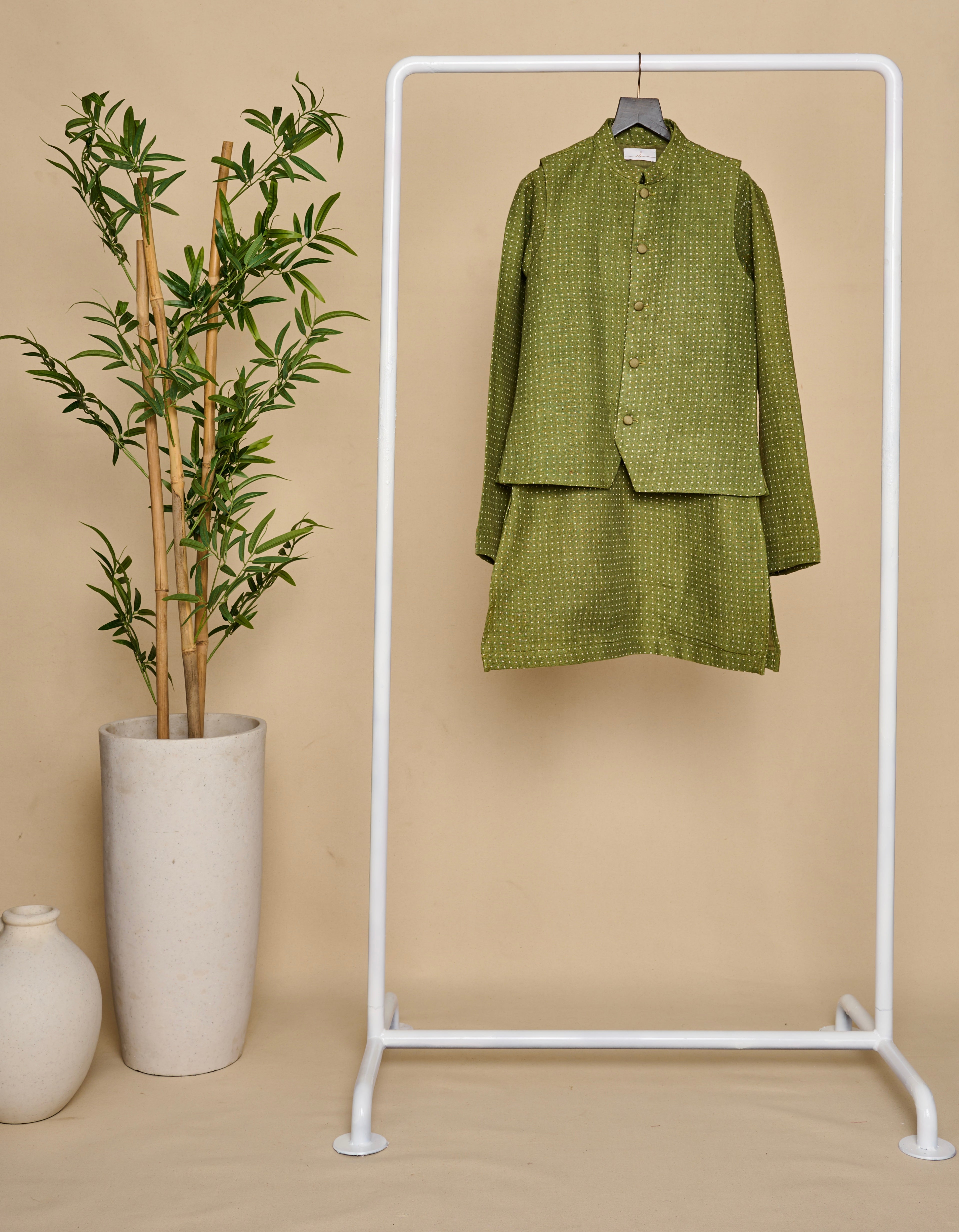 Olive Green Linen Kurta Jacket Set