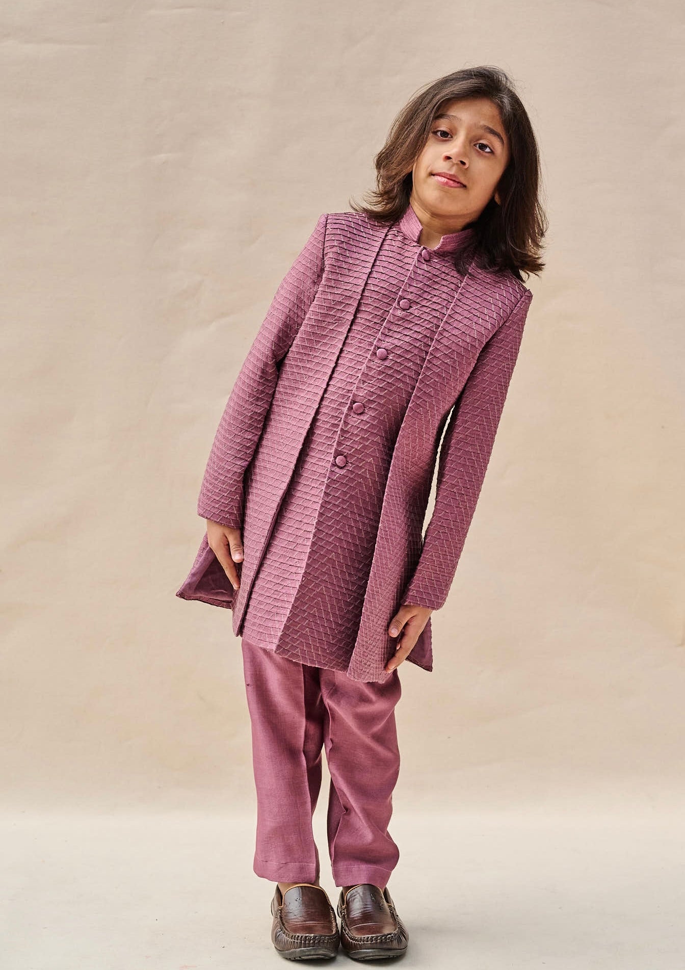 Wine Colour Layered Achkan Set