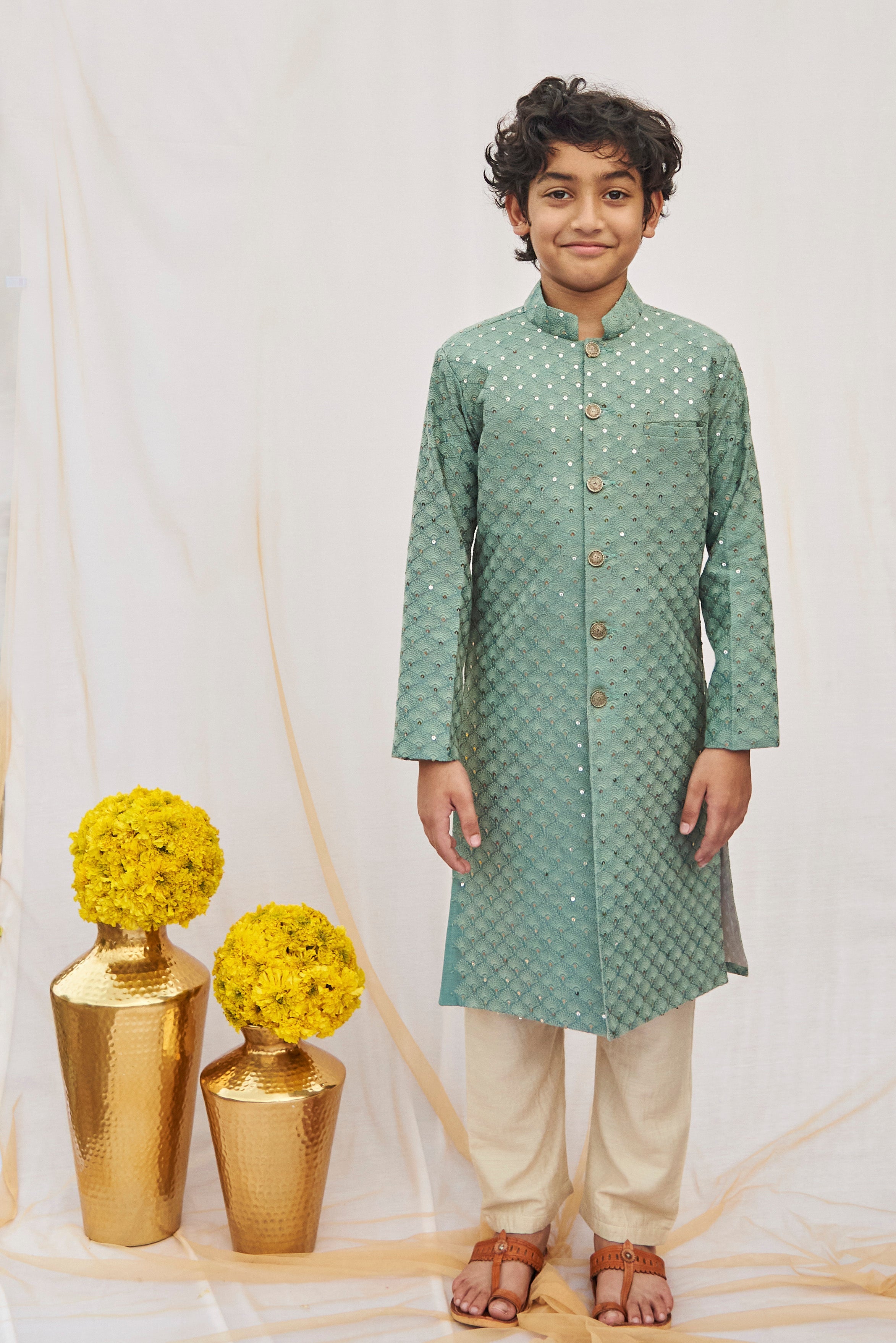 Teal Green Sequins Achkan Set