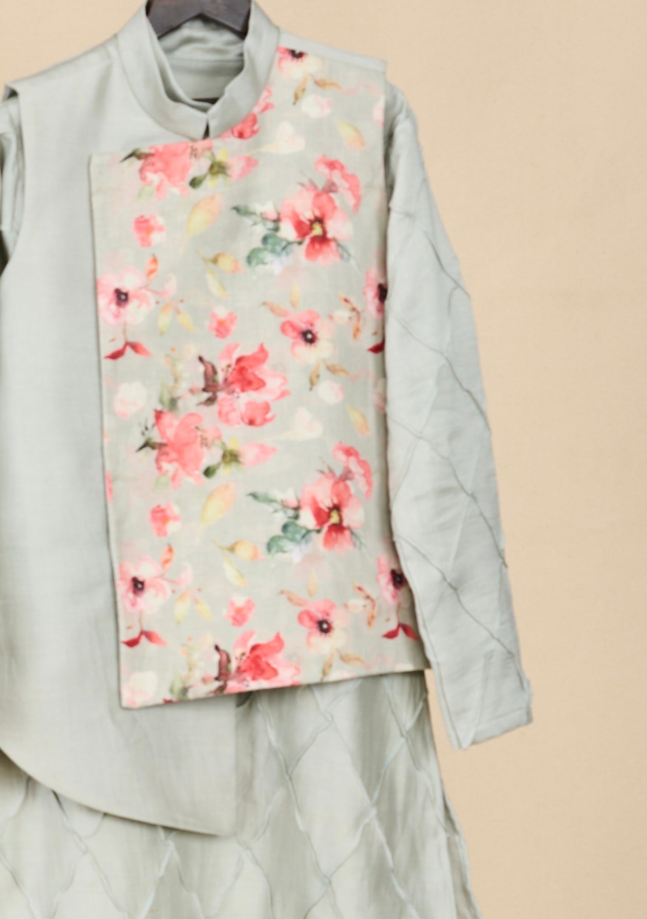 Frost Blue Floral Linen Kurta Jacket Set