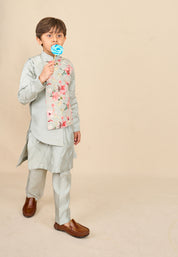 Frost Blue Floral Linen Kurta Jacket Set