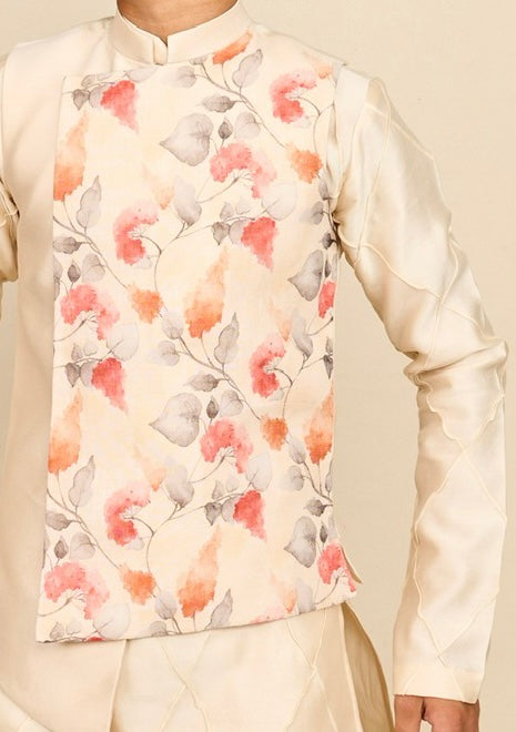 Ivory Floral Linen Kurta Jacket Set