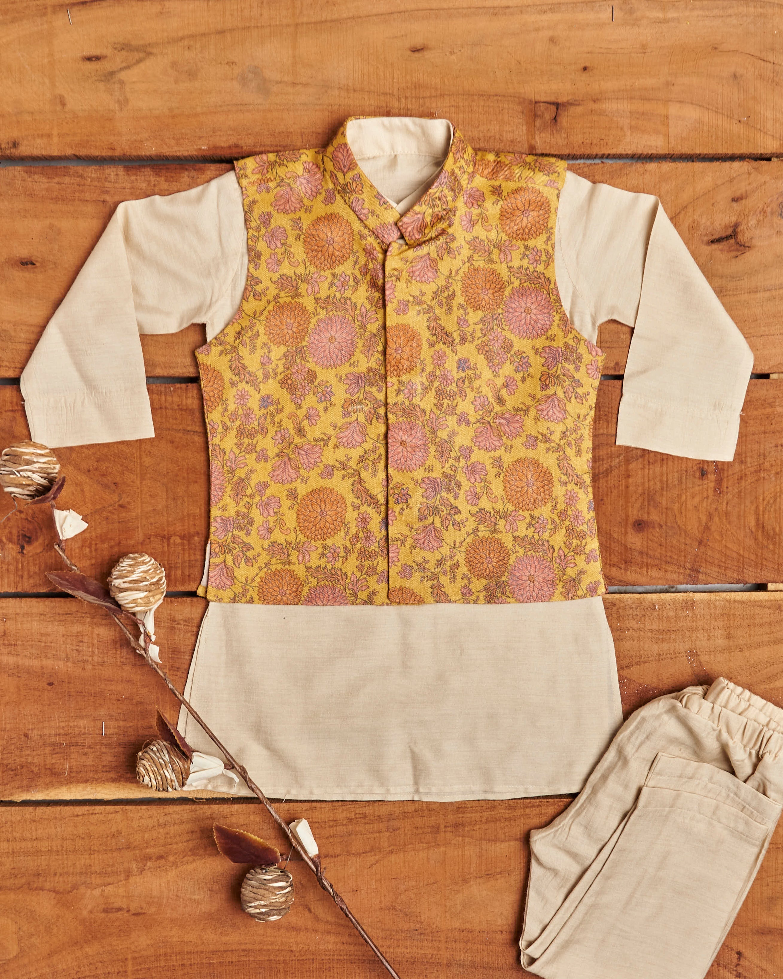 Mustard Floral Print Kurta Jacket Set