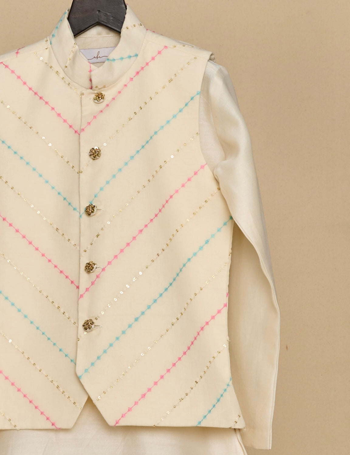 Off White-Blue Kurta Jacket Set