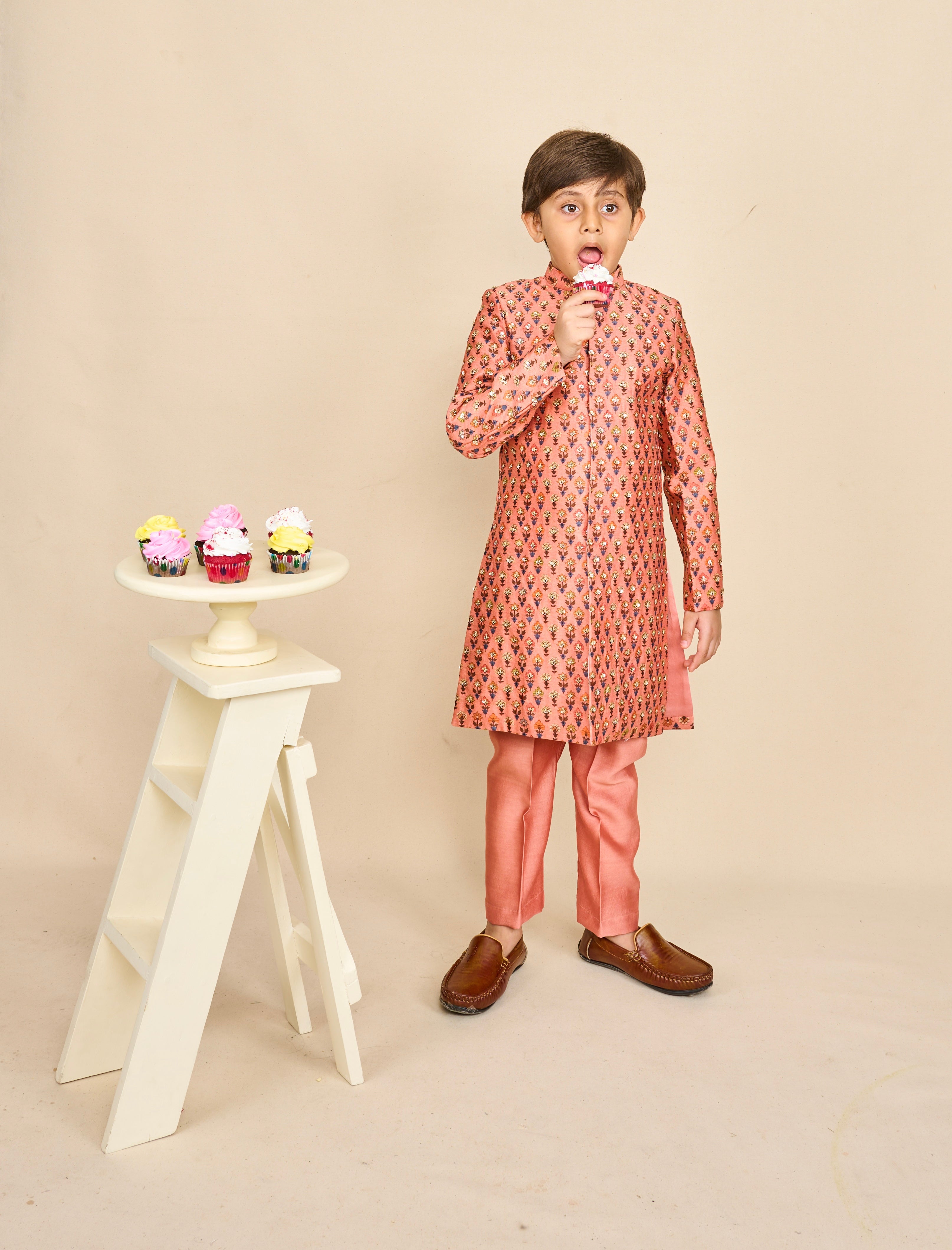 Peach Jaipuri Print Highlighted Achkan Set